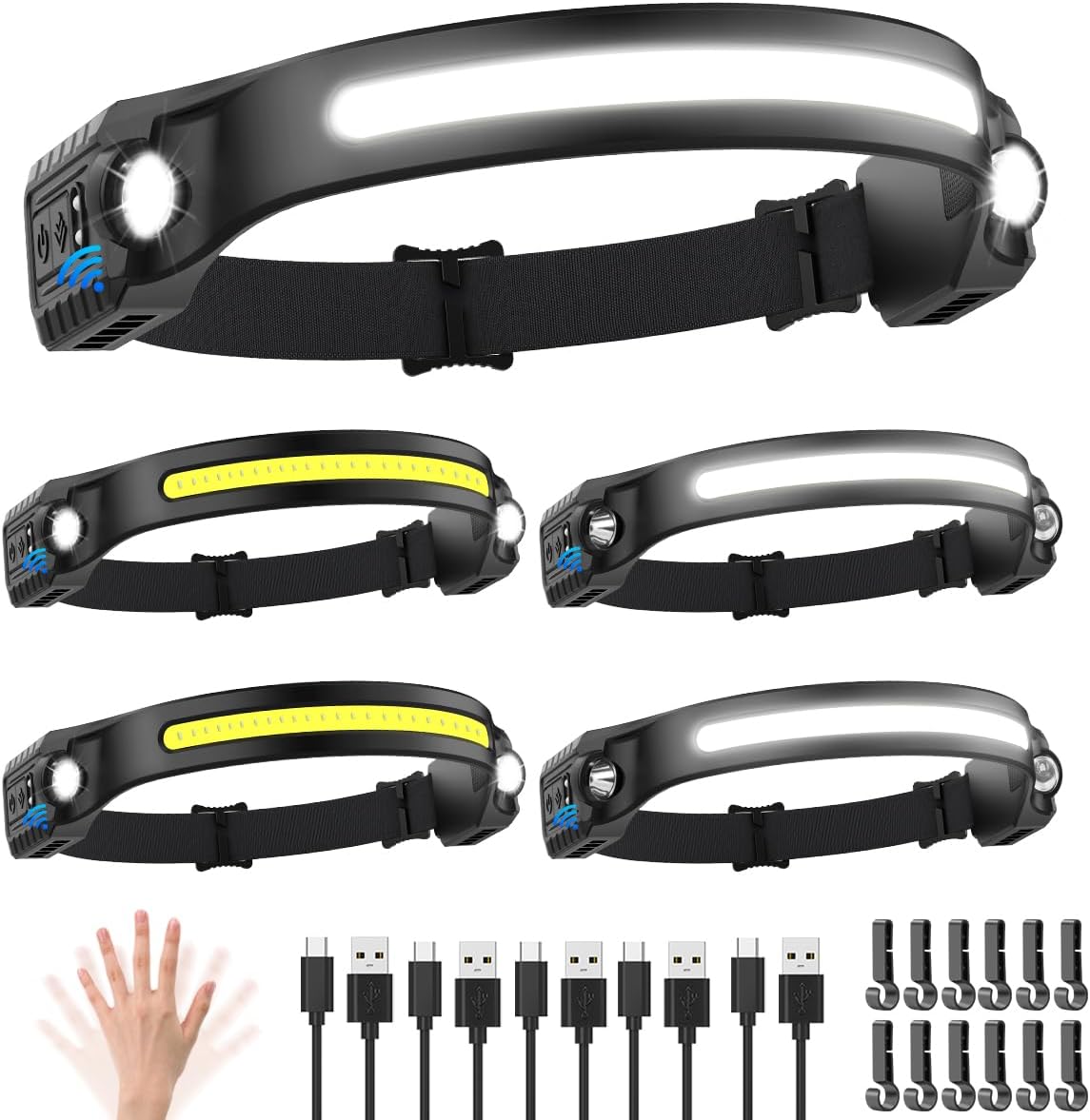 Headlamp Rechargeable 5Pack, 230° Wide Beam Head Lamp with 2 Spotlights, LED Headlamp with Motion Sensor, 5Mode Rechargeable Headlamp, Head Lights for Forehead, Headlamps for Adults Running Hard Hat - Image 2