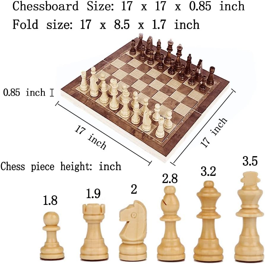 Chess Set,Folding Storage Wooden Chess Board Sets,17" Wooden Chess,3 in 1 Chess Board Game for Adults and Kids (Chess,Backgammon,Checkers) - Image 4