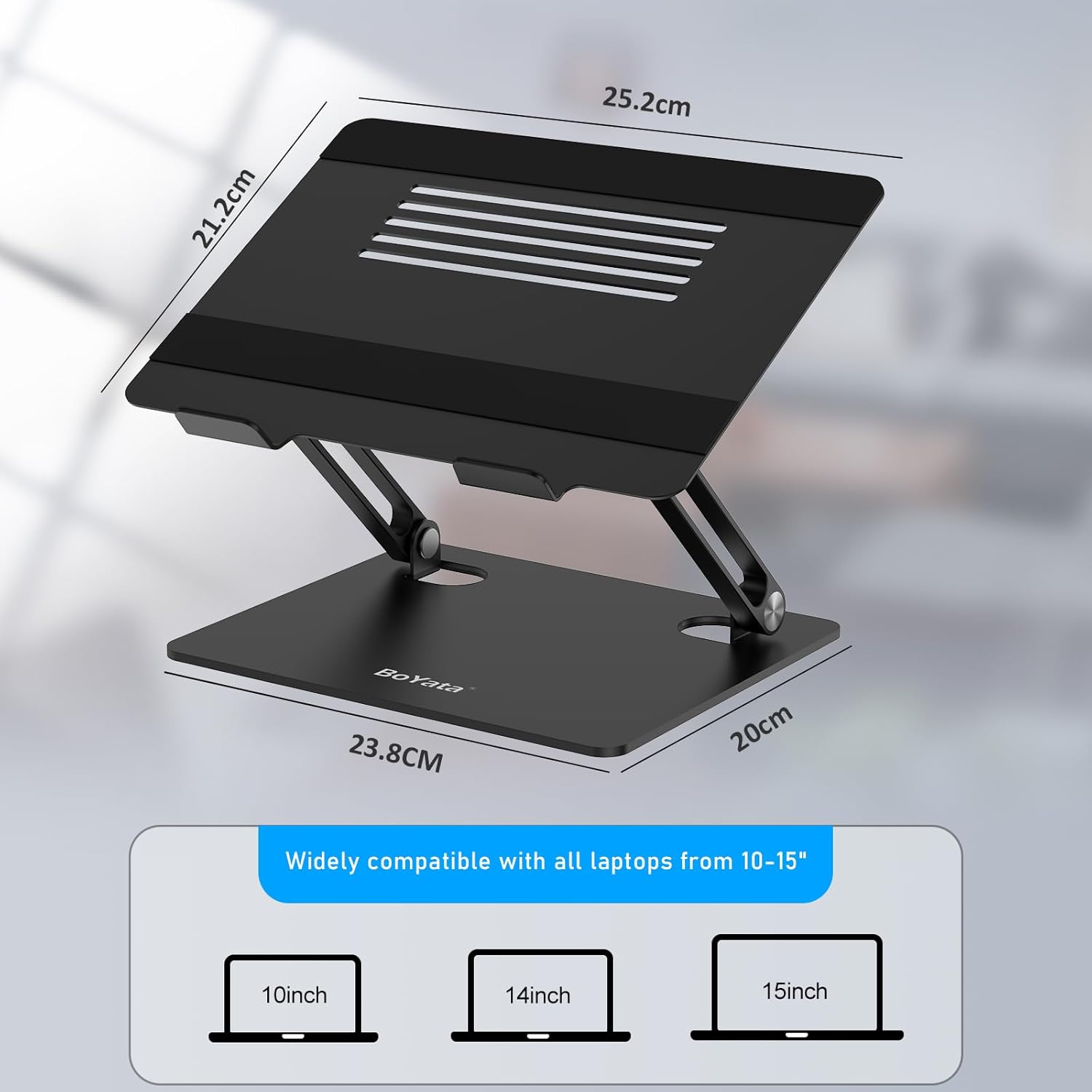 BoYata Laptop Stand, Adjustable Laptop Riser with Slide-Proof Silicone and Protective Hooks, Laptop Stand for Laptop up to 17 Inches, Laptop Holder Compatible for MacBook, Laptop-Black - Image 5