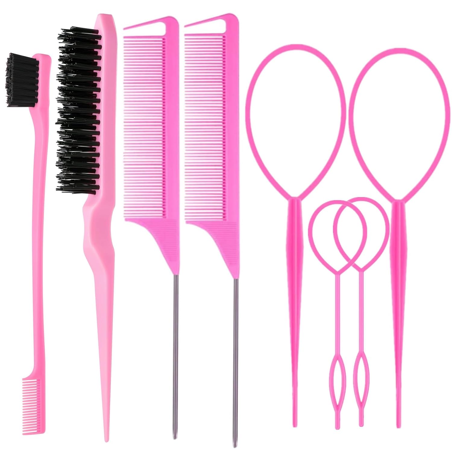 8Pcs Hair Brushes Set with 4Pcs Topsy Hair Tail Tools 1Pcs Bristle Teasing Hair Brush 1Pcs Edge Control Brush 2Pcs Metal Pin Rat Tail Combs for Woman Girl Styling,Edge&Back Brushing Pink - Image 2