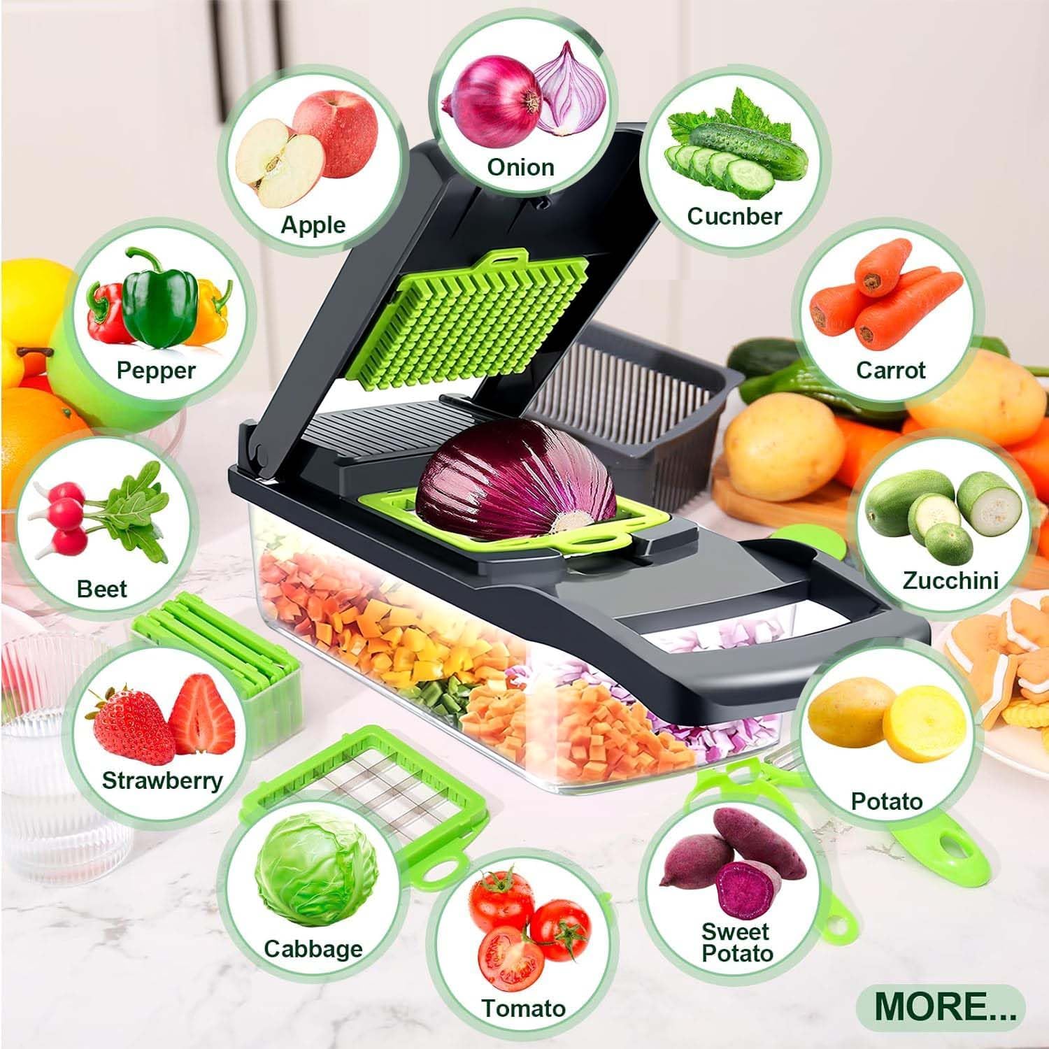 Vegetable Chopper,17 in 1 Kitchen Gadgets Accessories,Food Salad Chopper Vegetable Cutter,Mandolin,Onion Veggie Chopper with Container,Vegetable Slicer,Dicer Chopper Box for Fruit,Potato,Tomato - Image 7