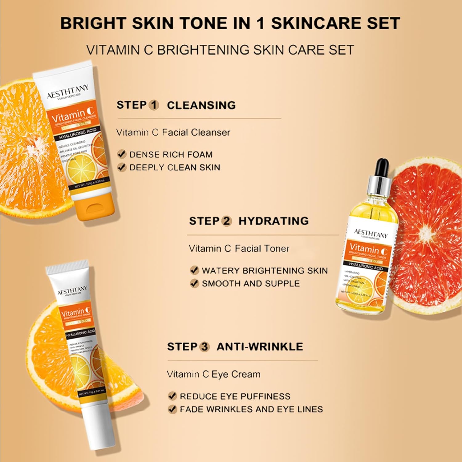 Vitamin C Skin Care Set For Women , 5-In-1 Moisturizing Hyaluronic Acid Skin Care Routine with Facial Cleanser, Serum, Face Cream, Eye Cream, Toner Valentine's Day Gift - Image 4