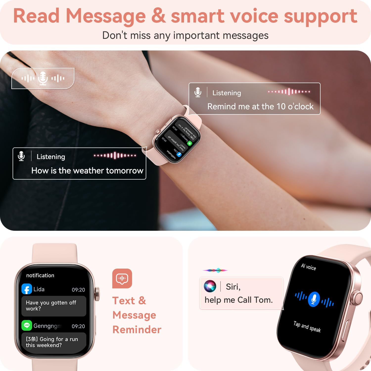 aeac Smart Watch for Women Men iPhone & Android,1.99" AMOLED Screen 3ATM Waterproof Fitness Watch with Answer/Make Call AI Voice,24H-Heart Rate/SpO2/BP Monitor,120+ Sports Modes (Pink, 1.99) - Image 4