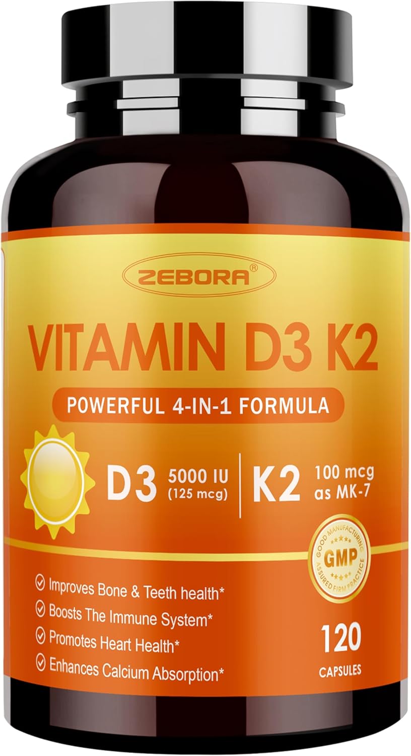 ZEBORA Vitamin D3 K2 with Zinc and Selenium - 5000 IU of Vitamin D3, 100 Mcg MK7 Vitamin K2 for Maximum Absorption, Supports Bones, Teeth & Immune Healt, 120 Capsules - Image 2
