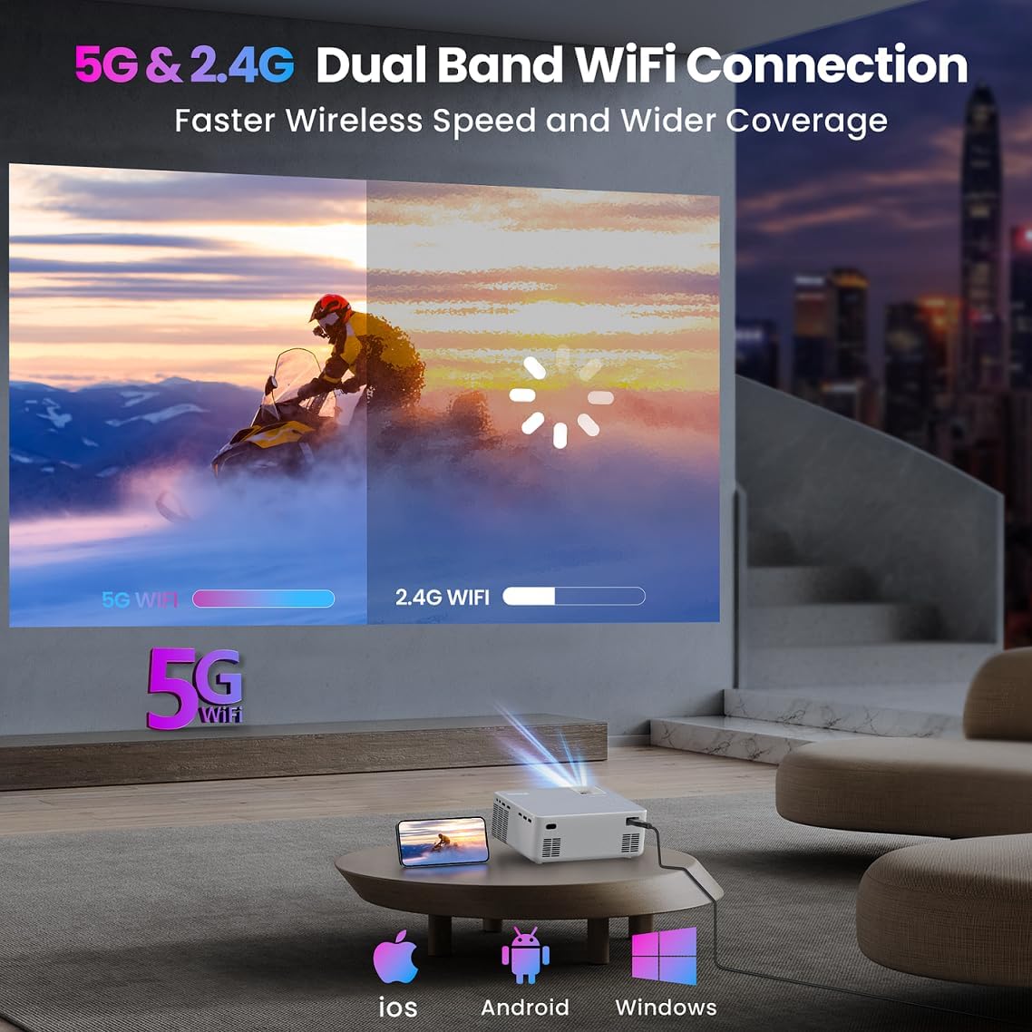 FANGOR 1080P HD Projector, WiFi Bluetooth Projectors, Max 230” Projection Screen Portable Home Theater Video Movie Proyector With Tripod, Compatible with HDMI, USB, Laptop, iOS & Android Phone - Image 4