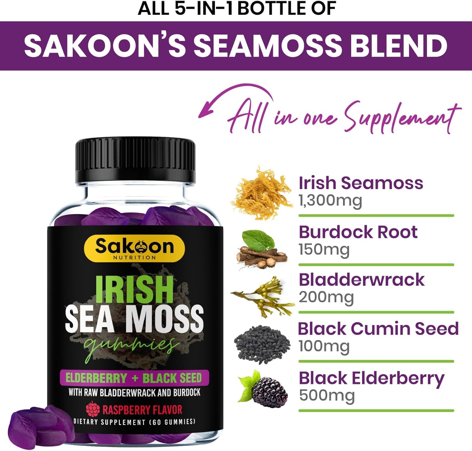 Irish Sea Moss Gummies with Elderberry & Black Seed Oil - Overall Wellness Support | Rich in Vitamins, Raspberry Flavor | 60 Gummies - Image 4