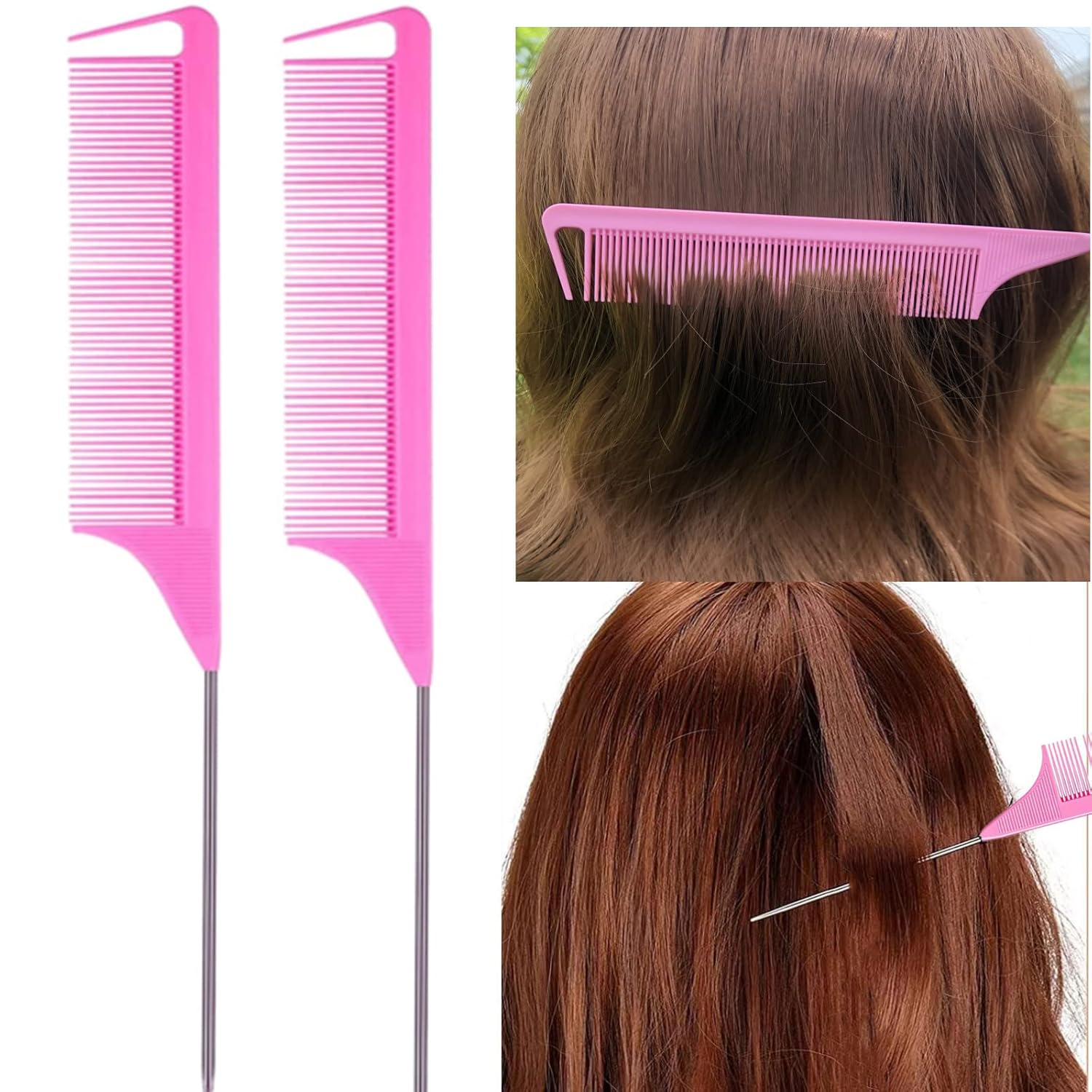 8Pcs Hair Brushes Set with 4Pcs Topsy Hair Tail Tools 1Pcs Bristle Teasing Hair Brush 1Pcs Edge Control Brush 2Pcs Metal Pin Rat Tail Combs for Woman Girl Styling,Edge&Back Brushing Pink - Image 5