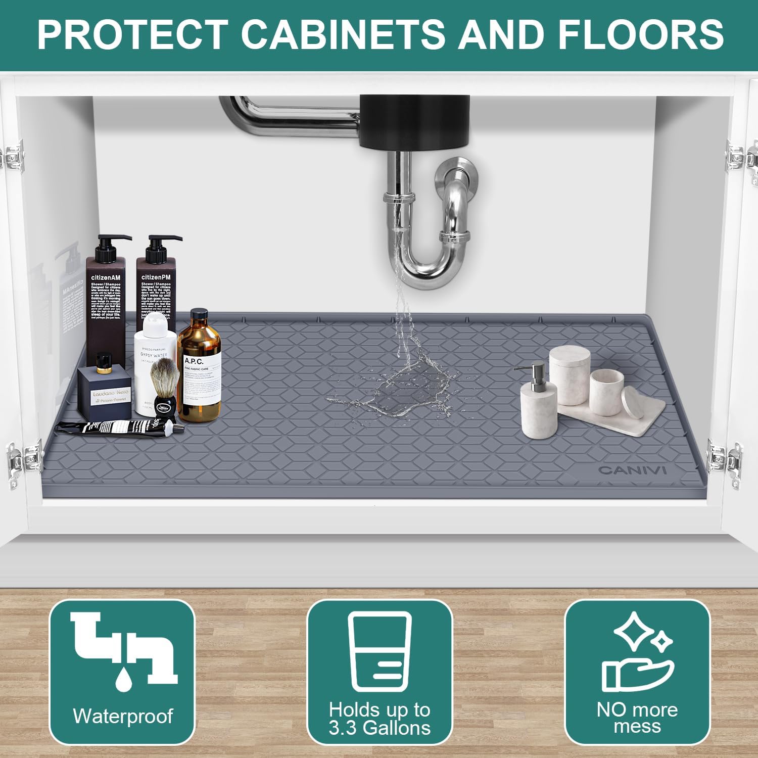 Under Sink Mat, 34" x 22" Waterproof Silicone Under Sink Tray for Kitchen & Laundry Cabinets, Kitchen Cabinet Shelf Protector, Up to 3.3 Gallons Liquid, Fits 36 inch Standard Cabinet(Grey) - Image 5