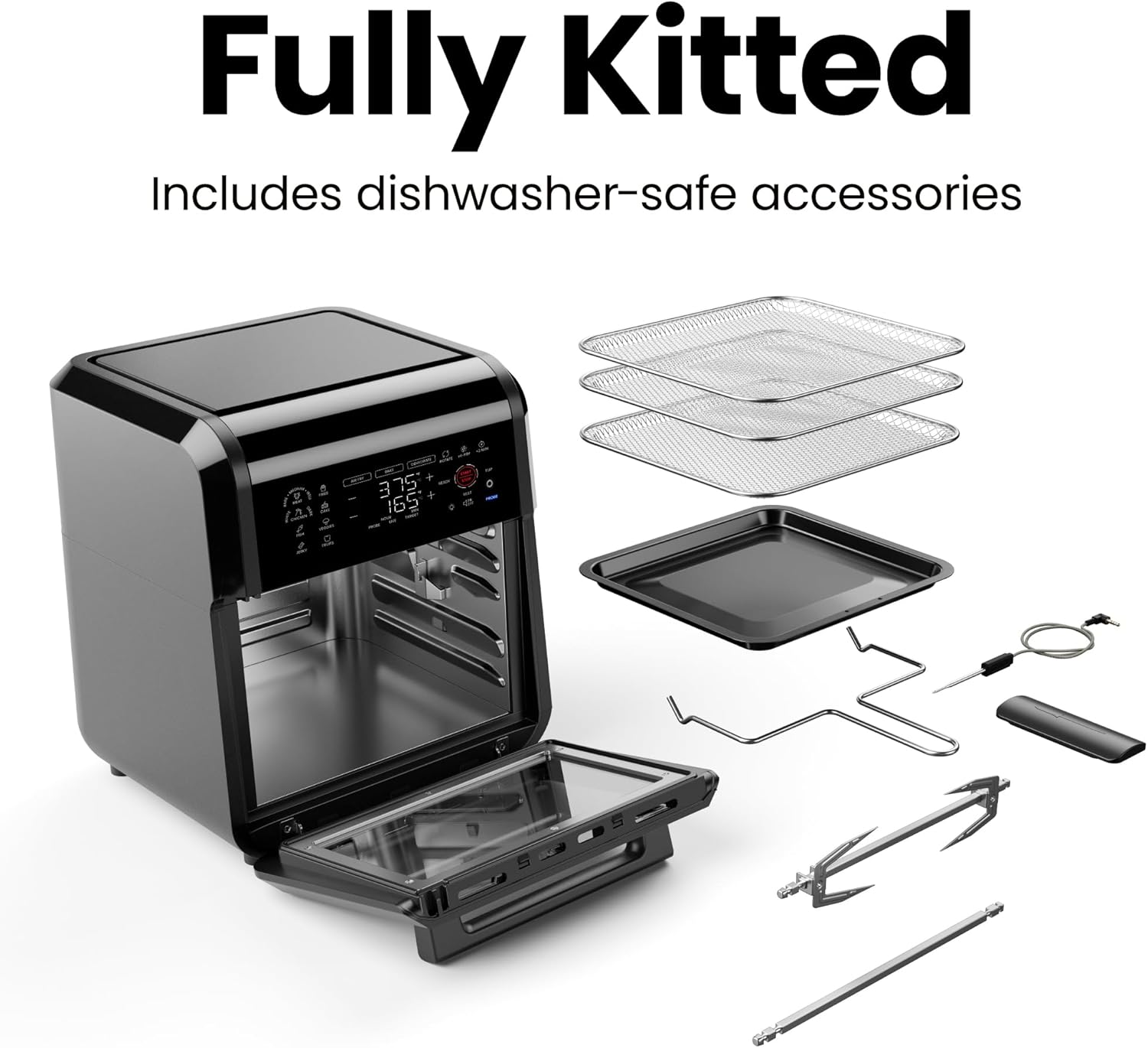 CHEFMAN ExacTemp™ 12 Quart 5-in-1 Air Fryer with Integrated Smart Cooking Thermometer, 28 Touchscreen Presets, Rotisserie, Dehydrator, Bake, XL Convection Oven with Auto Shutoff, Black - Image 9