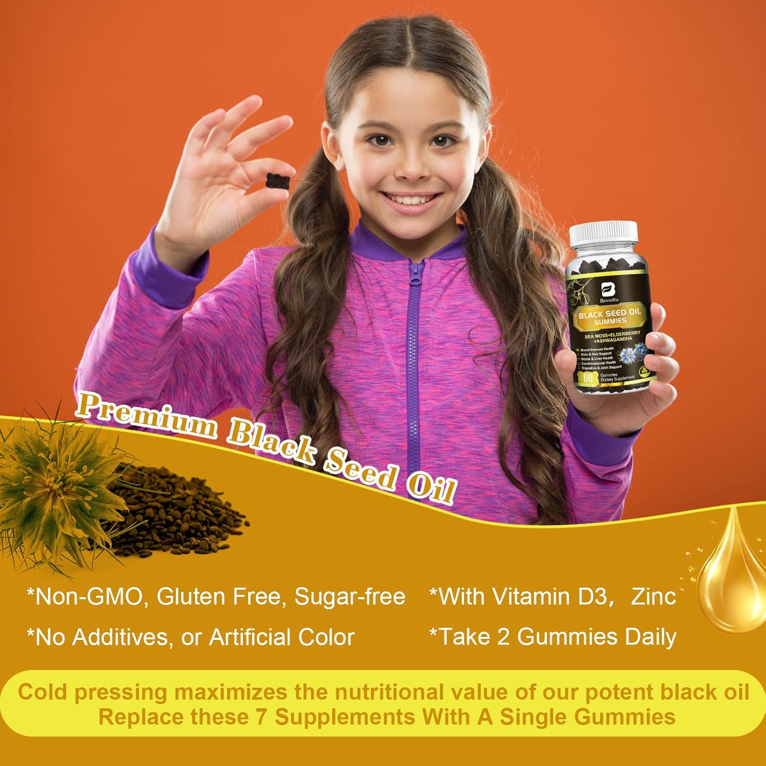 Black Seed Oil & Sea Moss Gummies, 2Pack Irish Sea Moss Gummies with Black Seed Oil, Ashwagandha Extract, Elderberry, Turmeric, Vitamin C, Vitamin D3 - Immune Support, Joints, Digestion, Hair & Skin - Image 7