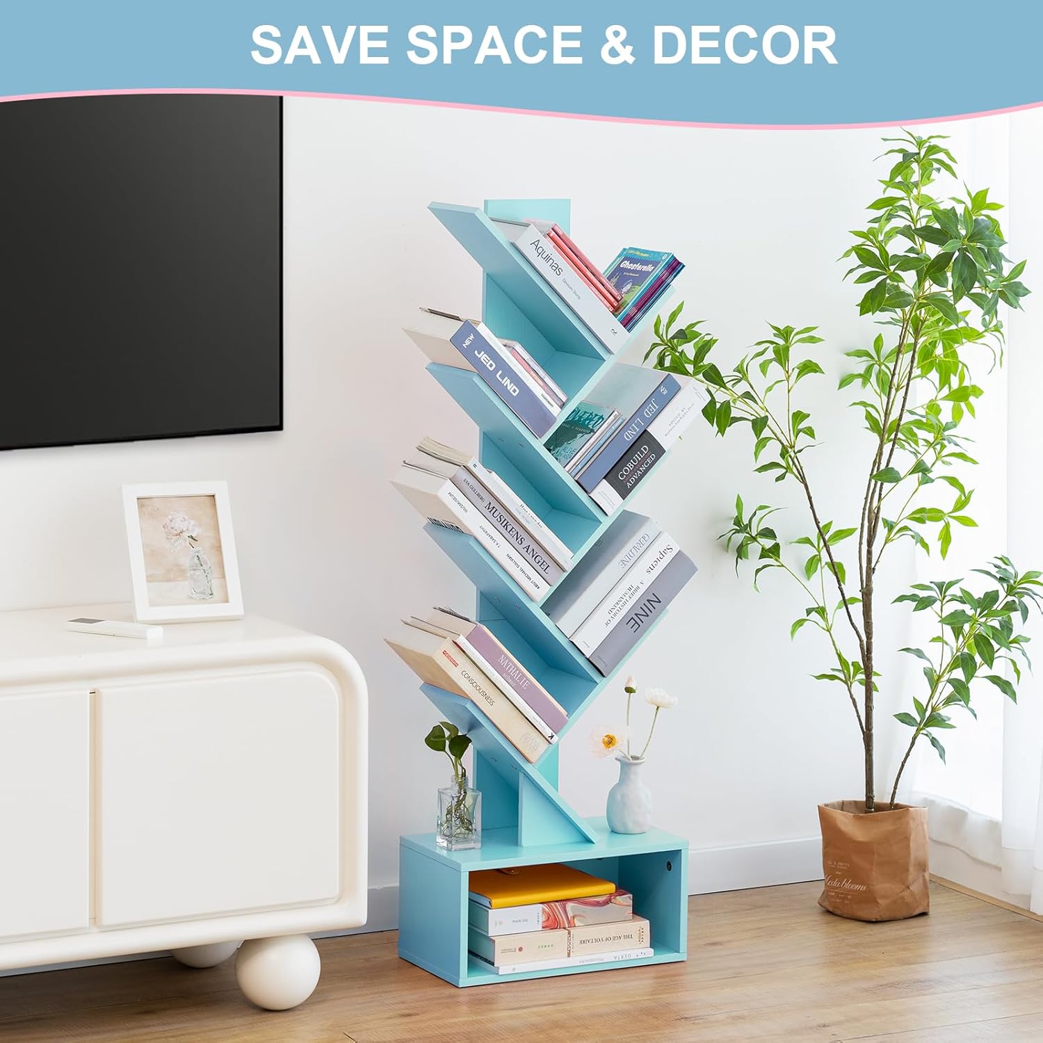 Yoobure Tree Bookshelf - 6 Shelf, White Night Stand with Charging Station - Image 9
