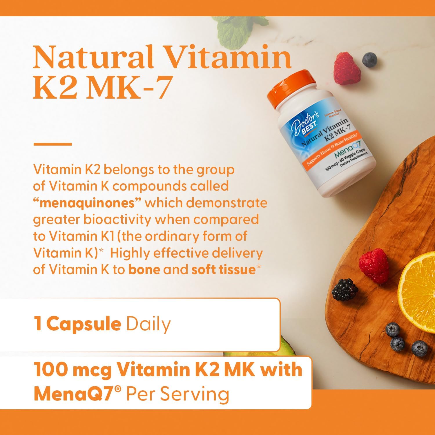 Doctor's Best Natural Vitamin K2 Mk-7 with MenaQ7, 100mcg Vitamin K2 Supplement Supports Bone Health, Non-GMO, 60 Veggie Capsules - Image 5