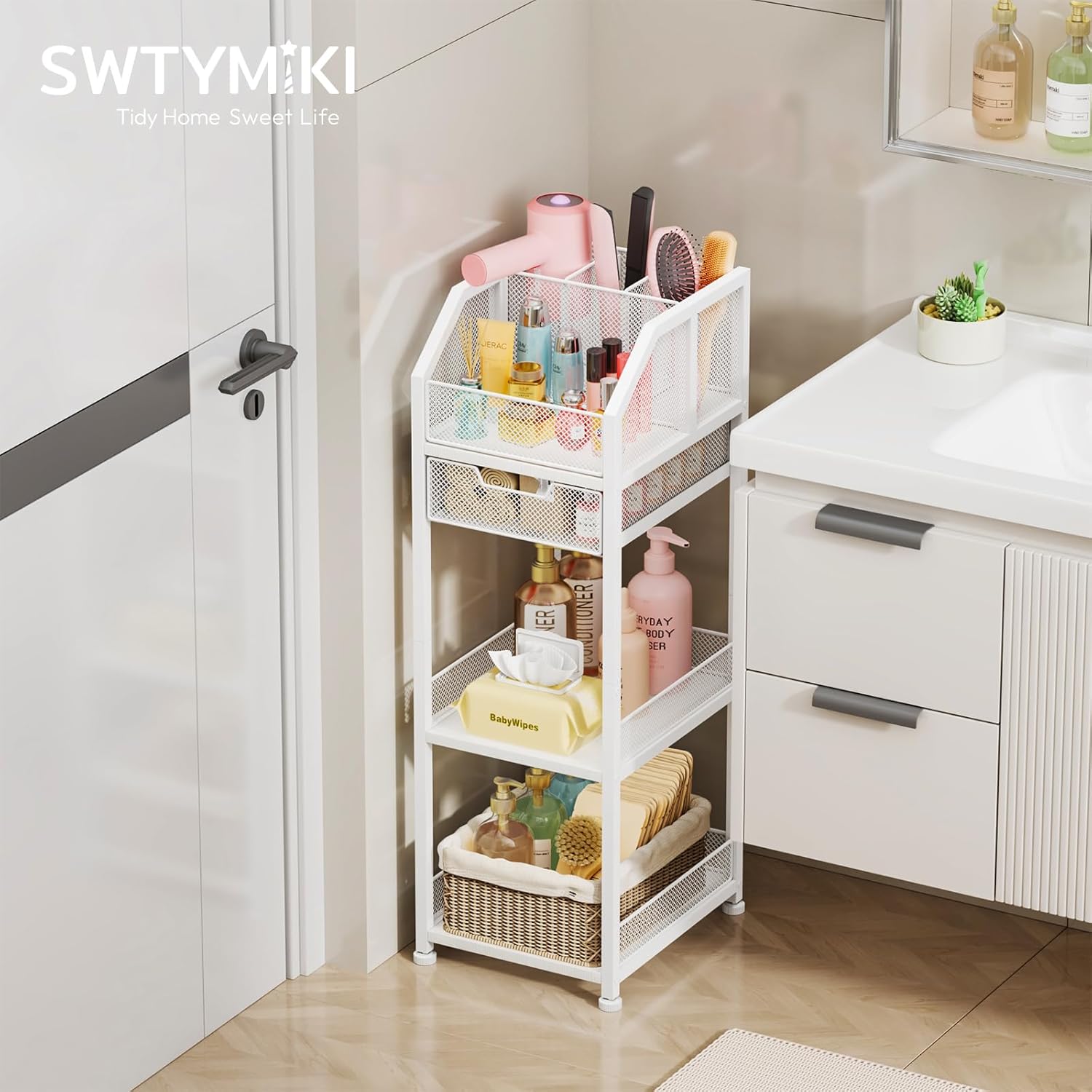 SWTYMIKI 4-Tier Hair Tool Organizer - Bathroom Storage Shelf with Drawer & 3 Grids, Versatile Hair Dryer Holder for Cosmetic Hair Accessories Curling Iron Blow Dryer Straightener, White - Image 7