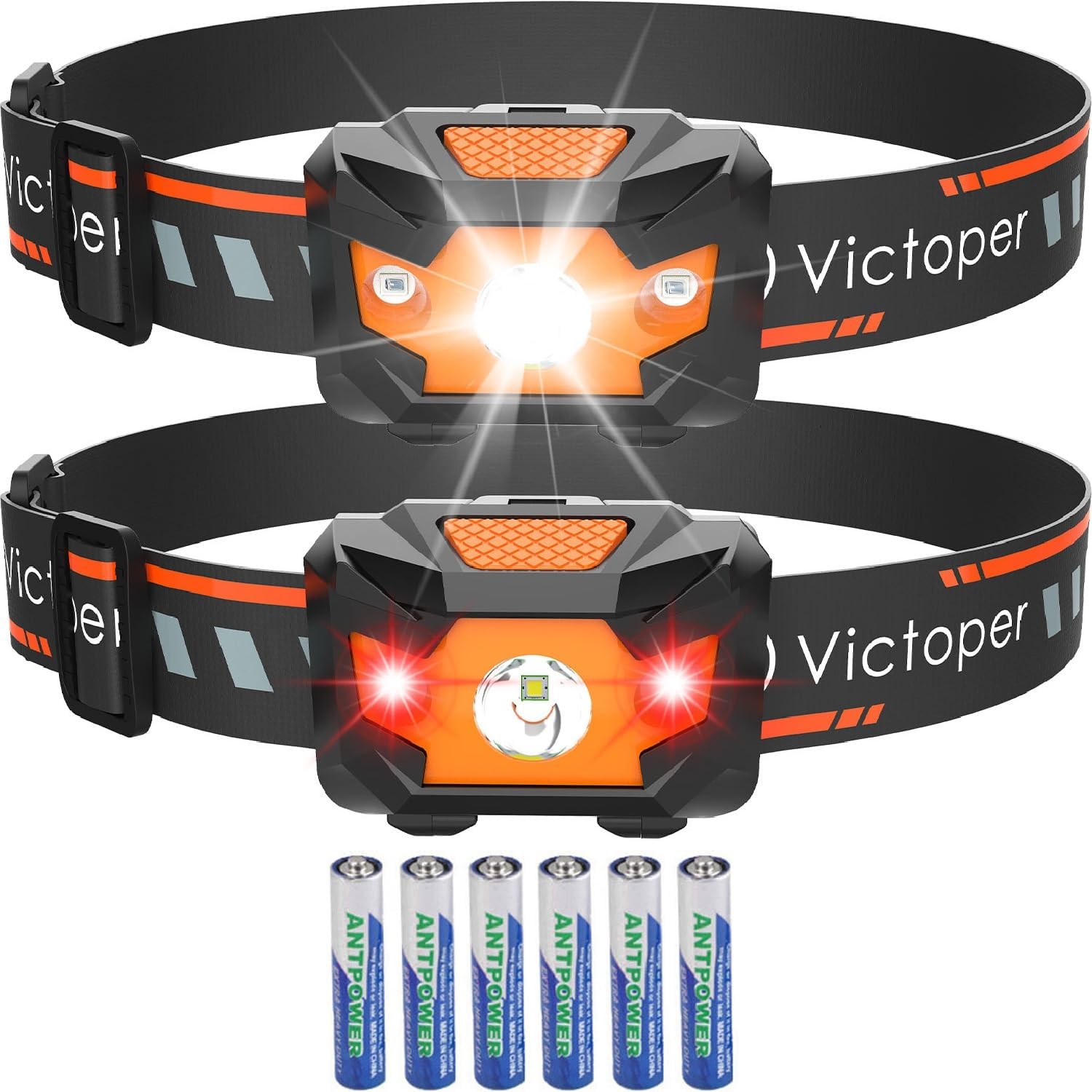 Victoper Headlamp 2 Pack, 4 Modes Red Light Head Lamp Battery Powered, Hardhat Mechanic Waterproof Headlamps Flashlight, LED Head Lamps for Adults, Kids, Camping, Running, Hiking, Outdoor, Fishing - Image 2