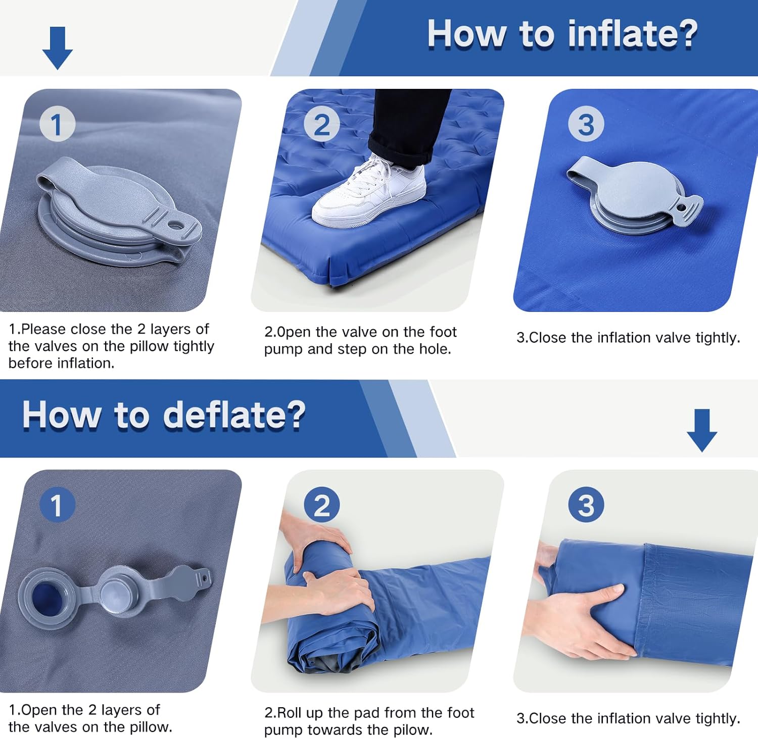 Double Sleeping Pad Camping, Self Inflating 6'' Extra-Thick 2 Person Pillow Built-in Foot Pump Waterproof Inflatable Sleeping Mat Backpacking, Tent, Hiking, Portable Camping Pad (Navy Grey) - Image 10
