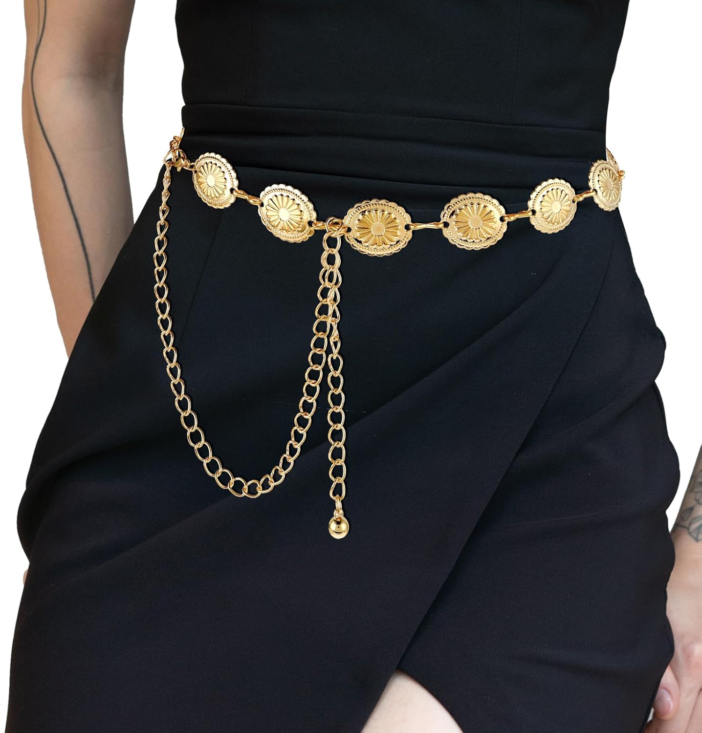 Western Metal Concho Belt, Hollow Out Daisy Chain Belt Adjustable Boho Waist Chain Country Concert Outfit for Dress - Image 3