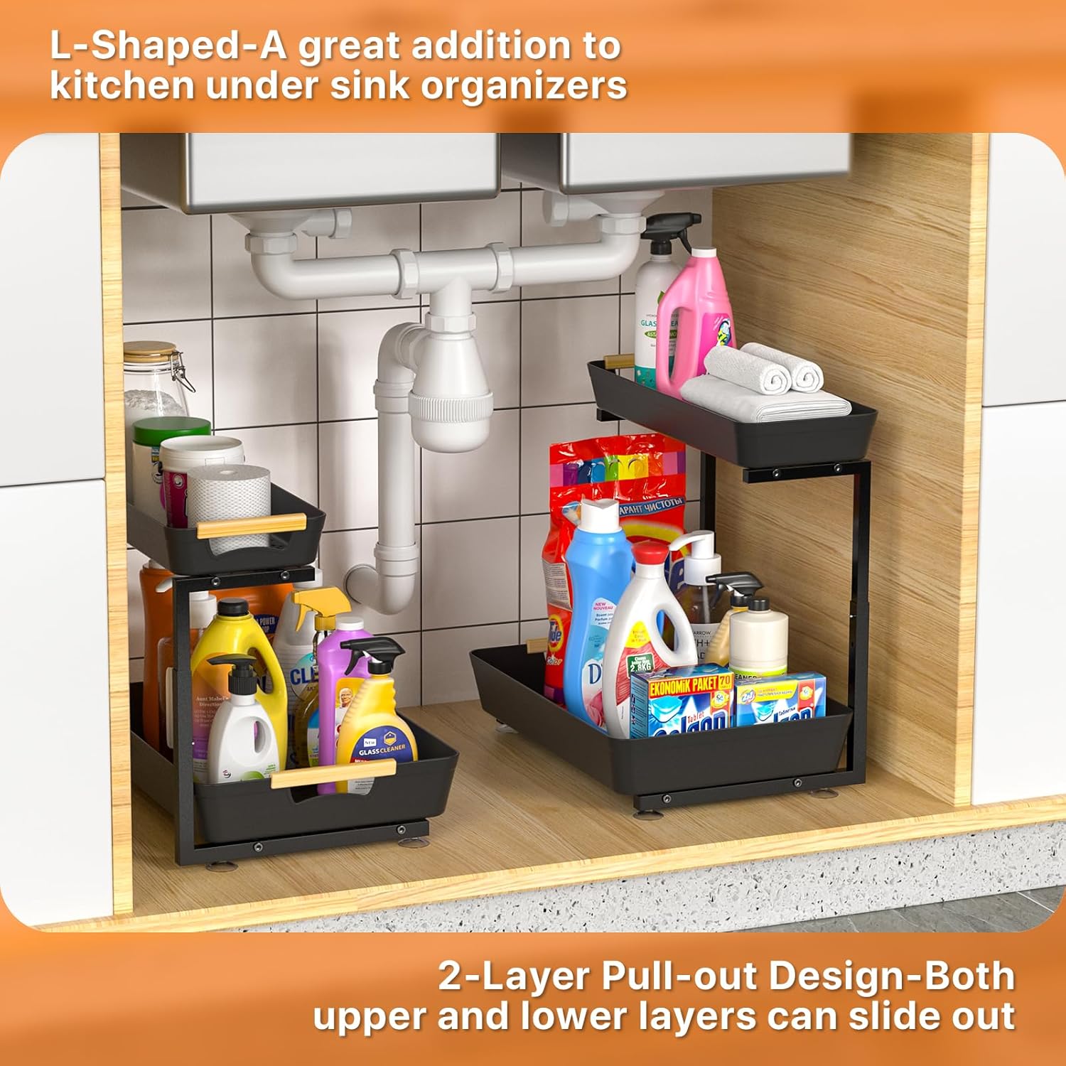 Under Sink Organizer, 2PCS Adjustable Height (13.18"-16.3") 2-Tier Pull Out L-Shaped Under Kitchen Sink Organizer, Compatible with S,P or U Type Under-Sink, Under Bathroom Organizer for Narrow Spaces - Image 6