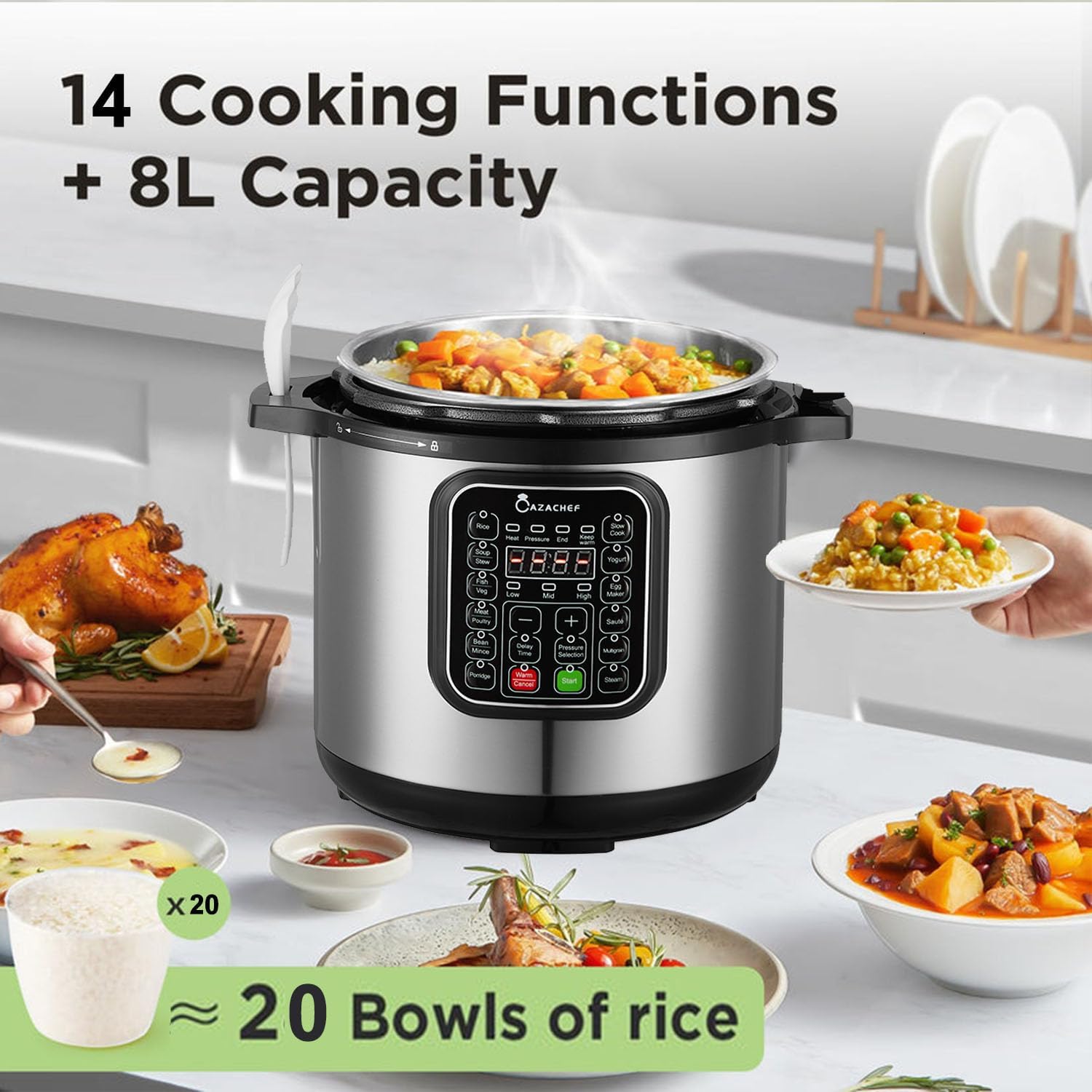 8qt stainless steel Pressure Cooker | 24-hour Presetting electric rice cooker, 14 in 1 slow cooker with temperature control | LED Multifunction Steamer, Food Warmer with nonstick pot - Image 2