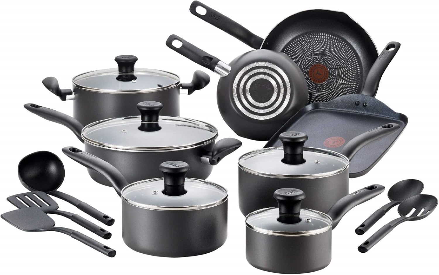 T-fal Initiatives Nonstick Cookware Set 18 Piece, Oven Broiler Safe 350F, Kitchen Cooking Set w/Fry Pans, Saucepans, Stockpots, Skillet, Spoons, Lids Pots and Pans Set Non Stick Dishwasher Safe Black - Image 2