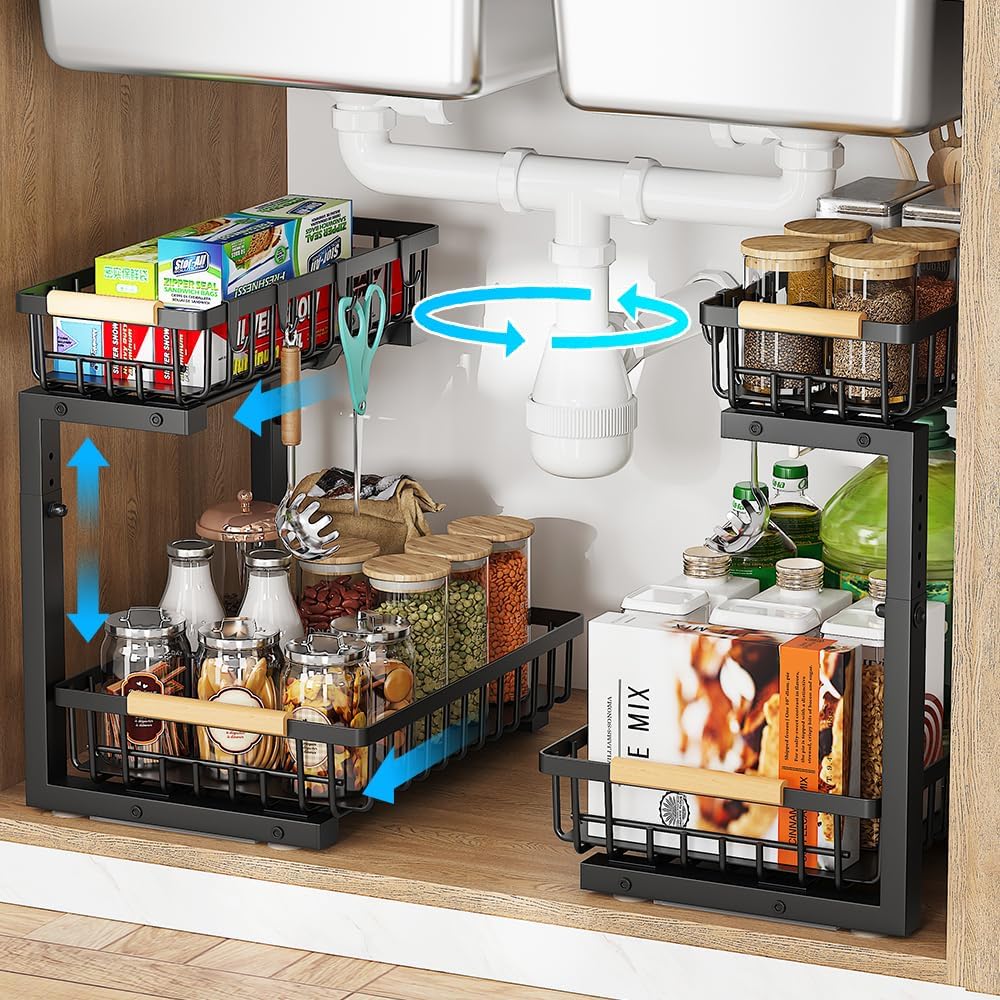 Under Sink Organizer, 2 Tier Under Sink Organizers and Storage, Metal Slide out Pull out Cabinet Organizer ,2 Pack Sliding Drawer Organizer for Kitchen Bathroom Pantry - Image 3