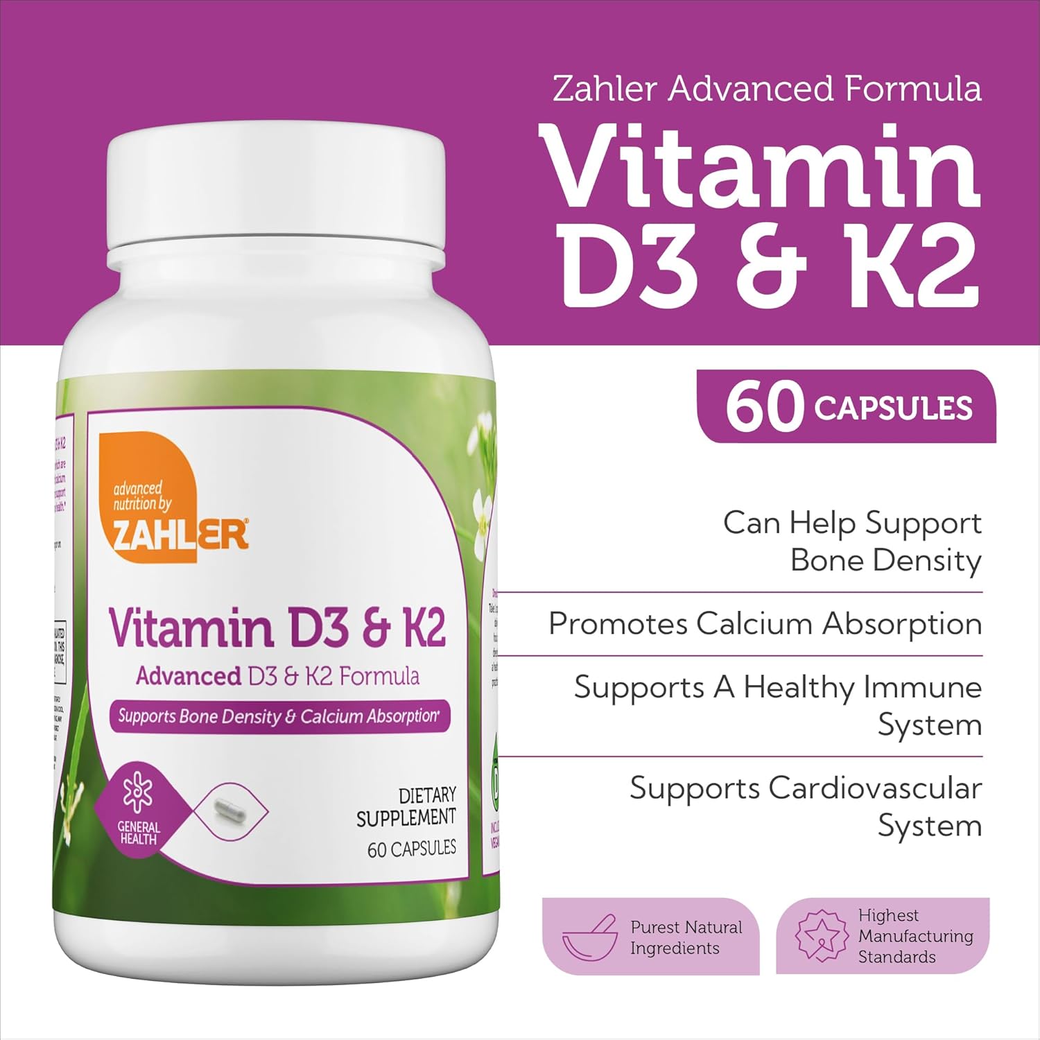 Zahler Vitamin D3 5000 IU K2 - Advanced Vitamin D3 K2 Formula - Bone Density & Calcium Absorption - Kosher Vegetarian MK7 Vitamin K2 D3 Vitamin Supplement - VIT D3 K2, Vitamin D K2 (60 Capsules) - Image 4