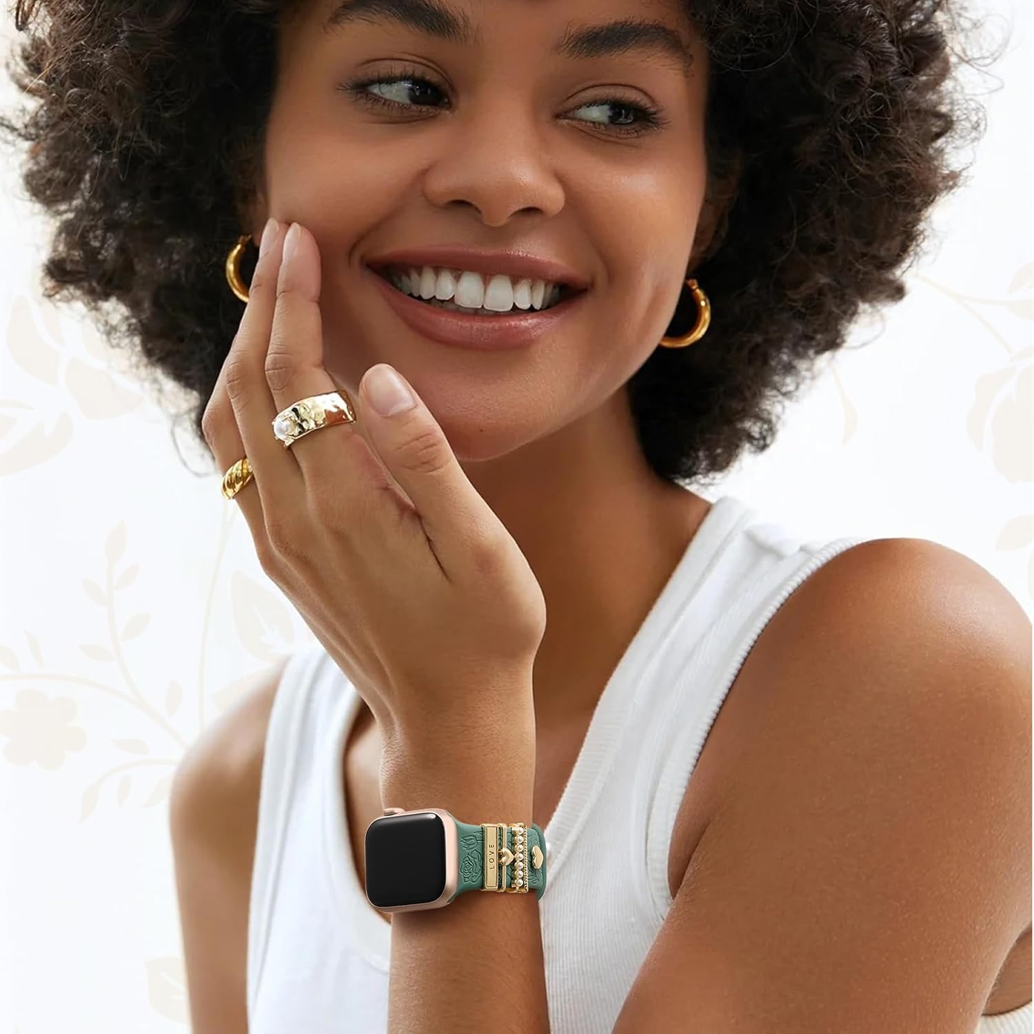 DaQin Flower Engraved Band Compatible with Apple Watch Bands for Women 40mm 38mm 41mm 42mm, Soft Silicone Band With Decorative Apple Watch Charms for iWatch Series 10 9 8 7 6 5 4 3 2 1 SE (With Band) - Image 7