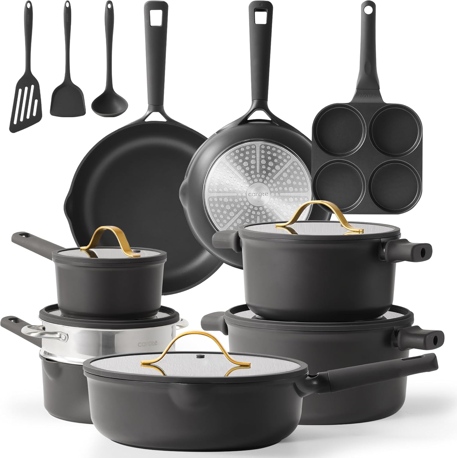 CAROTE 17pcs Pots and Pans Set Non Stick Dark Grey, Kitchen Cookware Set with Gold Trim, Premium Nonstick Pot and Pan, Induction Cookware - Image 2