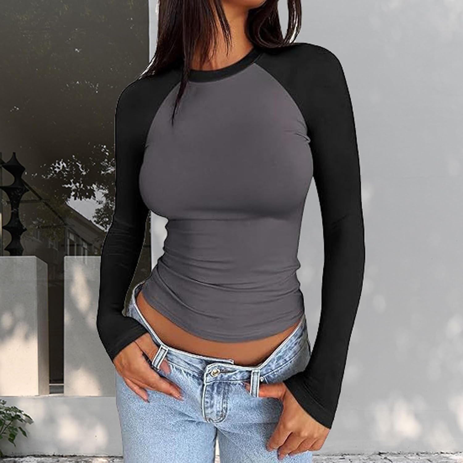 Women's Going Out Long Sleeve Crop Tops Crew Neck Slim Y2k Tight T Shirts Stretchy Color Block Slightly Cropped Tops - Image 3
