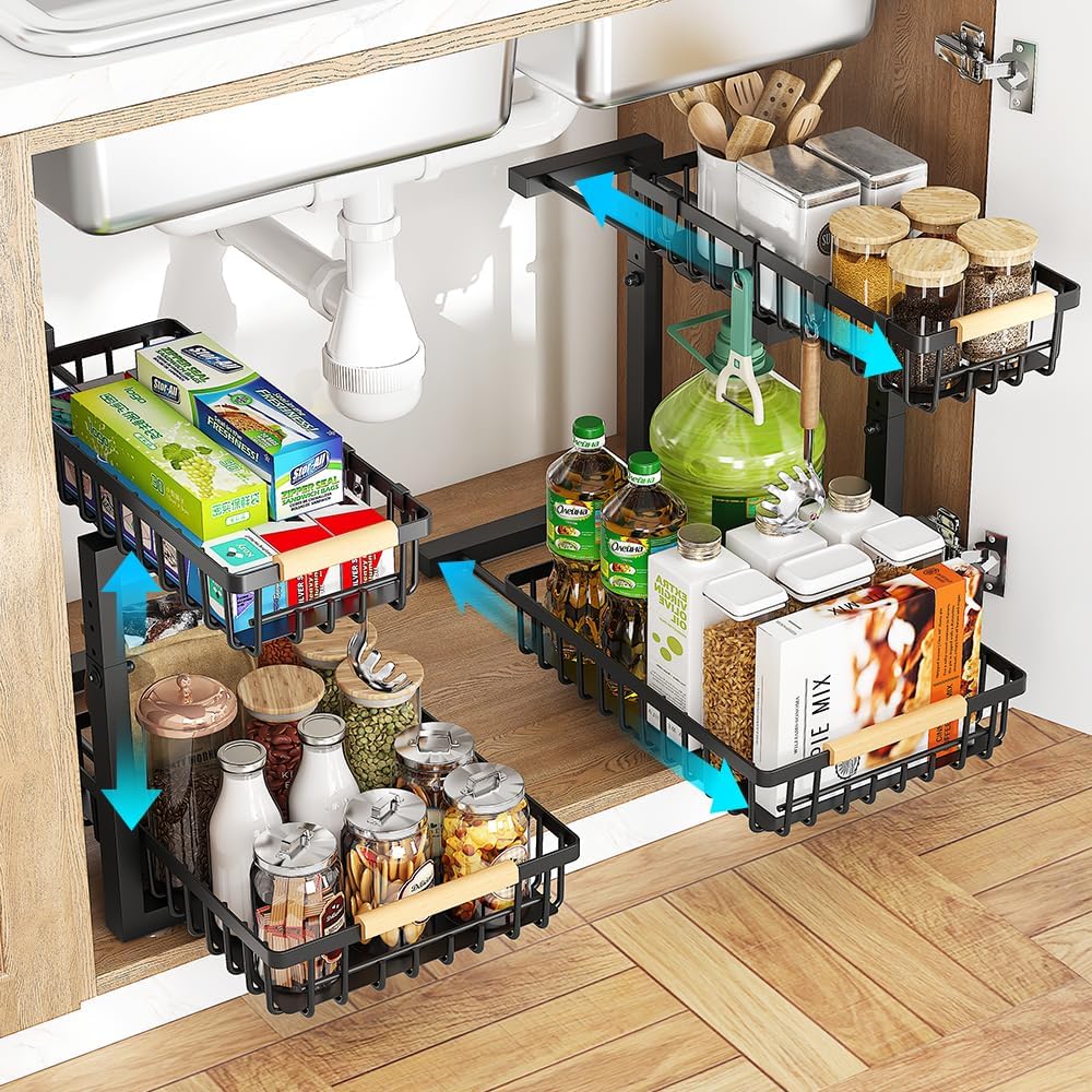 Under Sink Organizer, 2 Tier Under Sink Organizers and Storage, Metal Slide out Pull out Cabinet Organizer ,2 Pack Sliding Drawer Organizer for Kitchen Bathroom Pantry - Image 2
