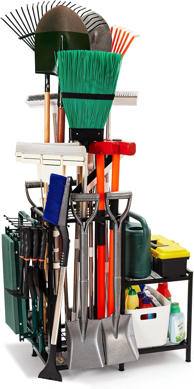 Garden Tool Organizer with 2-Tier Steel Shelves, Holds 50 Long-Handled Tools/Rakes/Brooms/Shovles for Garage Organization and Storage, Shed, Outdoor, Lawn, Heavy-Duty Steel, Black, Easy Assembly - Image 2