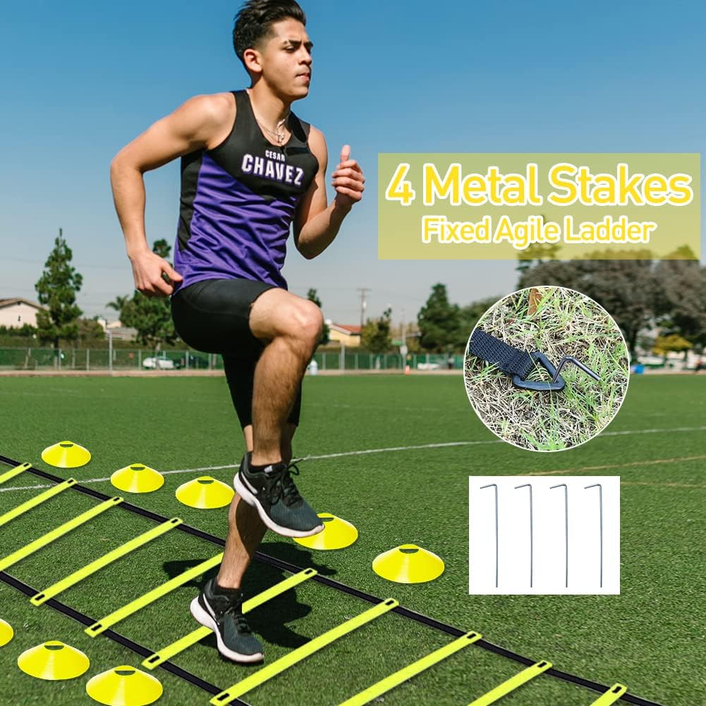 Speed & Agility Ladder Training Equipment Set, Includes 12 Rung 20ft Agility Ladder, 4 Agility Hurdles,12 Disc Cones, 1 Resistance Parachute for Training Football Soccer Basketball Athletes - Image 3