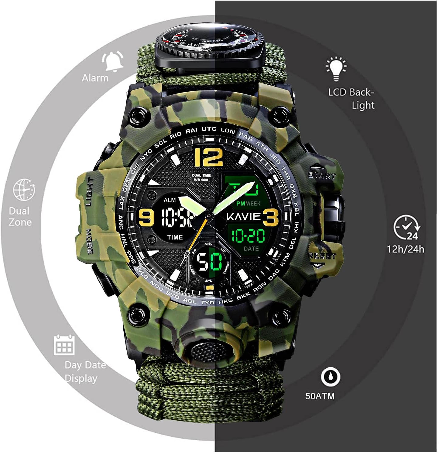 Mens Tactical Military Digital Watch, 23-in-1 Survival Multi-Functional Army Outdoors Waterproof Camouflage Sports Watches Dual Display Analog LED Electronic Wristwatches with Compass Paracord Band - Image 3