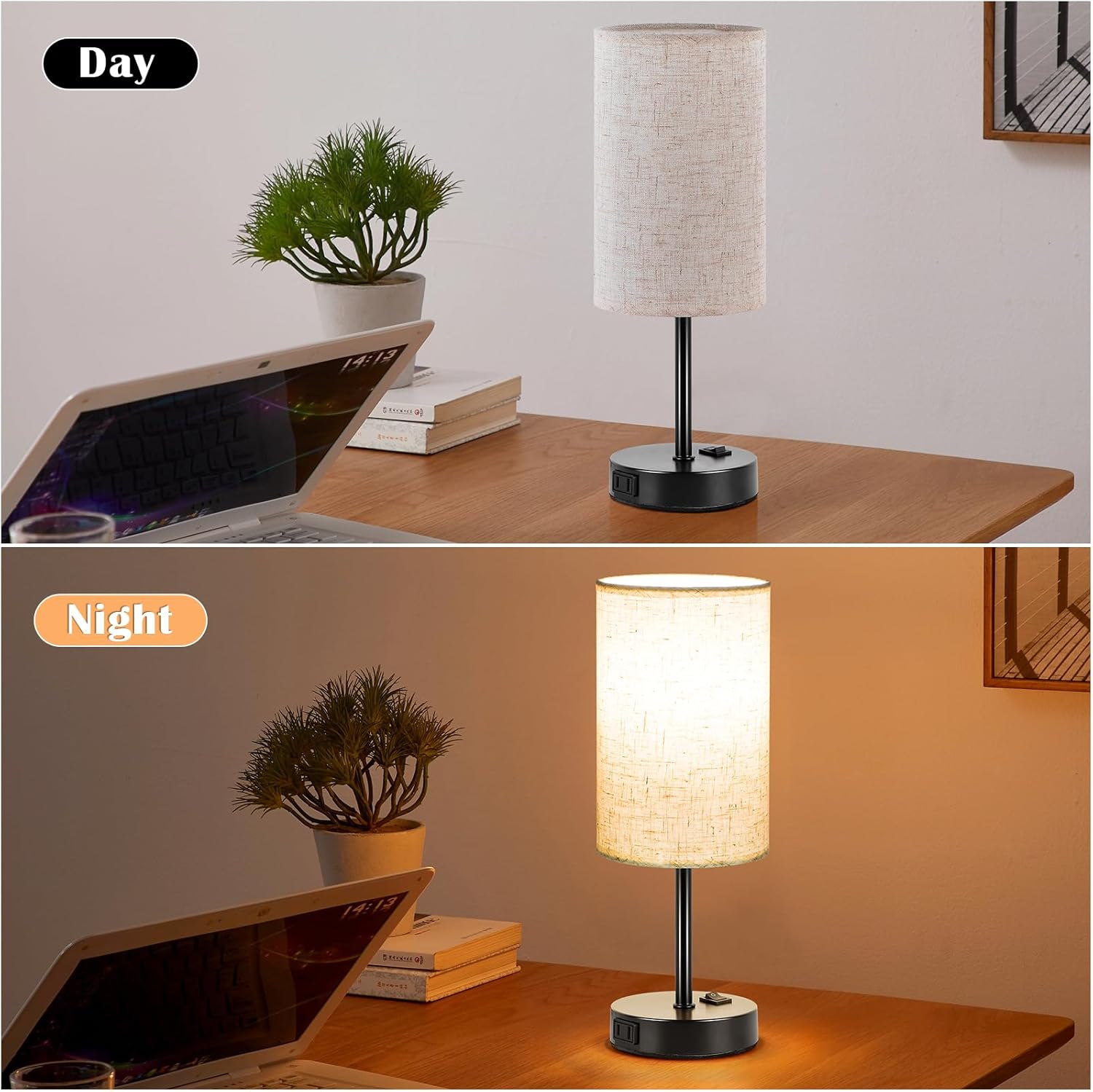 ZJOJO Table Lamp for Bedroom Set of 2, Bedside Small Lamps with 3 Way Dimmable Rocker Switch and AC Outlet, Nightstand Desk Lamp with Flaxen Fabric Shade Black Base for Living Room Home Decor Lights - Image 6