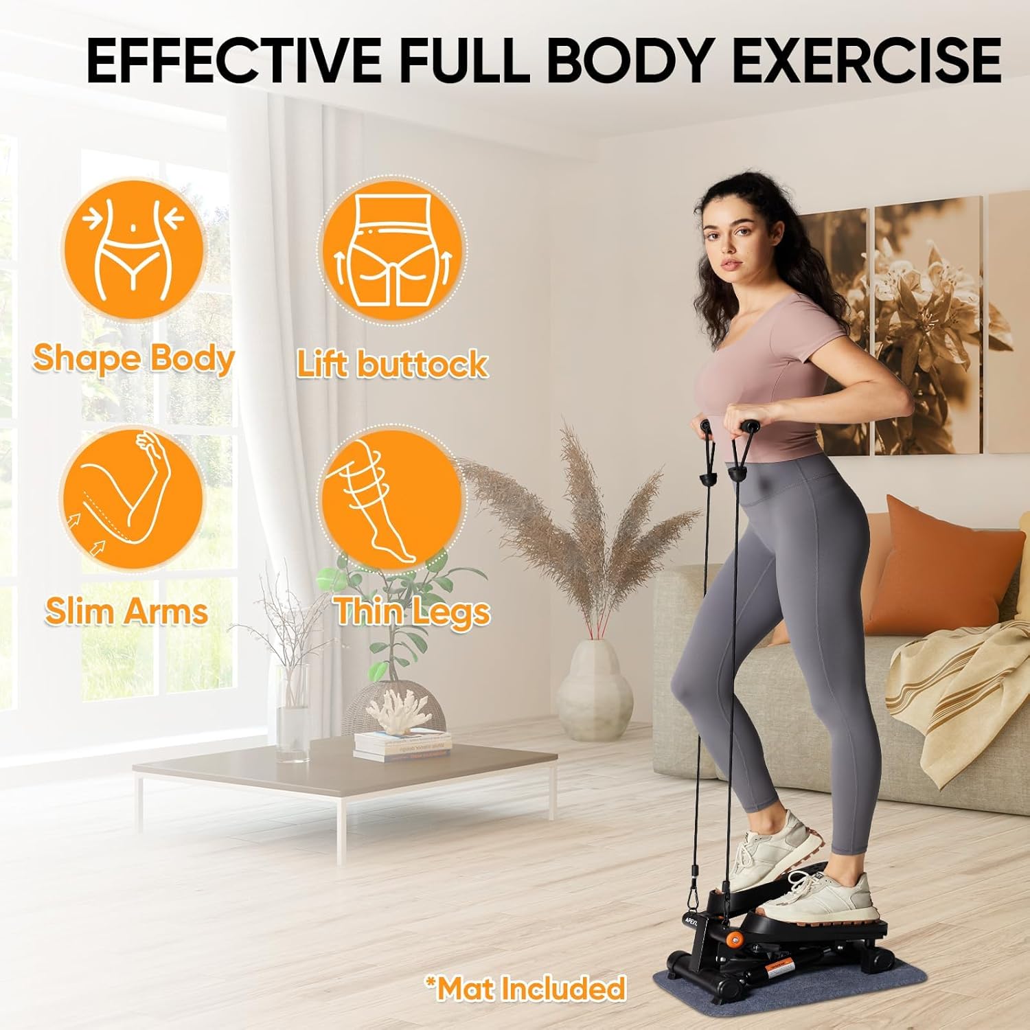 APEXUP Steppers for Exercise at Home, Stair Stepper with Resistance Bands and Mat, 330LBS Loading Capacity Mini Stepper with LCD Monitor for Full Body Workout Cardio - Image 8