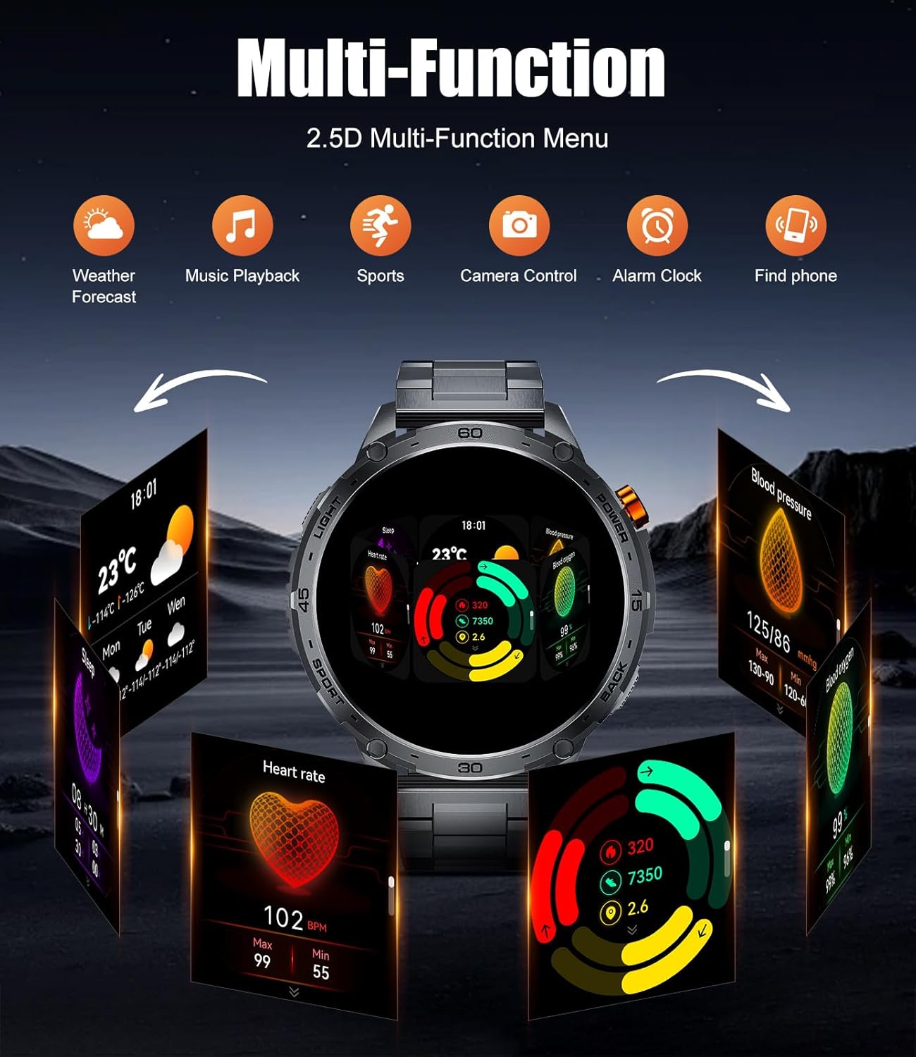 Smart Watch for Men with LED Flashlight(730mAh Battery), 1,75'' AMOLED Large Display Military Smart Watches with 130+ Sports, 24/7 Heart Rate/Sleep Monitor IP68 Waterproof for Android iOS Black - Image 4