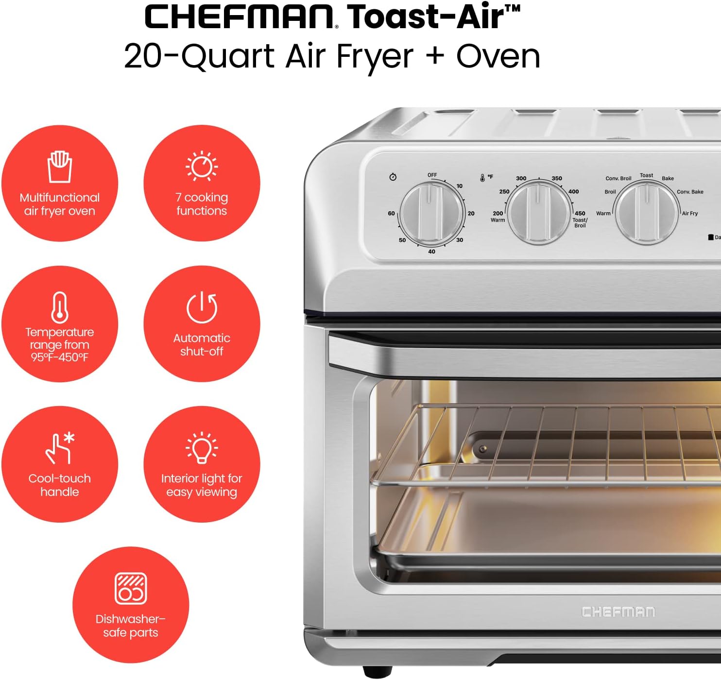 Chefman Air Fryer Toaster Oven Combo, 7-In-1 Convection Oven Countertop 20 Qt Oven Air fryer, Cook a 10 Inch Pizza, Air Fry 2 lb. of Chicken Wings, Toast, Broil, Auto Shutoff, Stainless - Image 3