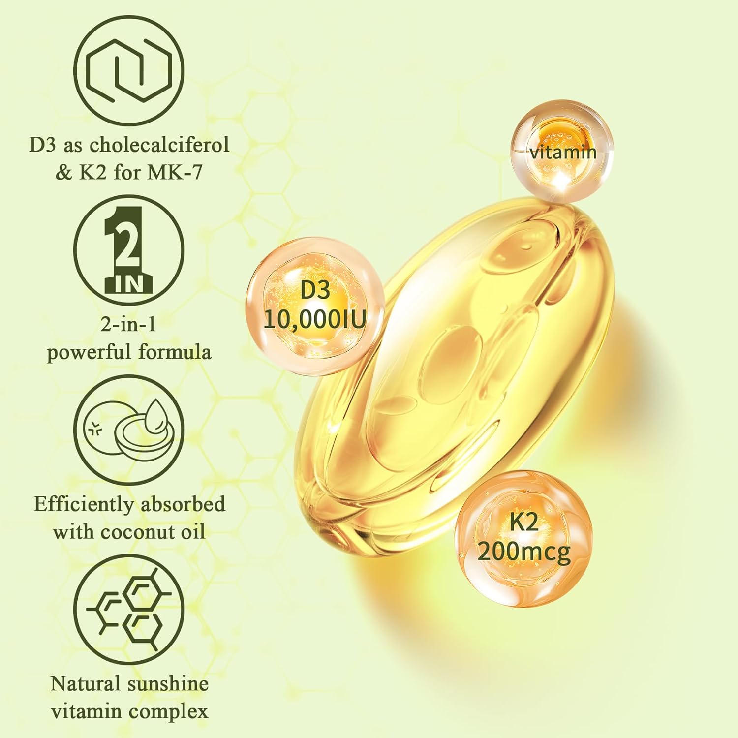 2-in-1 Vitamin D3 K2 Supplement Softgel, Vitamin D3 10000 IU and Vitamin K2 200 mcg, K2 MK7 with D3 Vitamin Supplement Support Immune, Heart, Joint, Teeth & Bone Health - Image 6