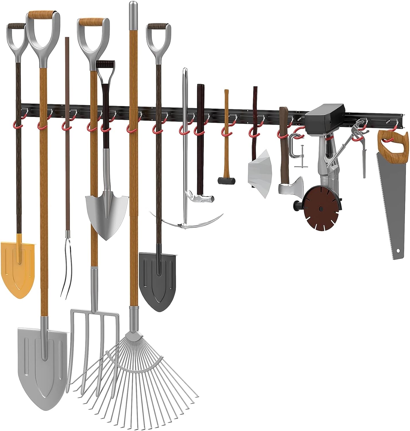 All Metal 64 Inch Wall Mount Garden Tool Organizer for Garage, Mop and Broom Holder, Yard Tool Storage Rack for Rake, Shovel, Spade, Mop, Broom(4 Rails, 16 Hooks) - Image 3