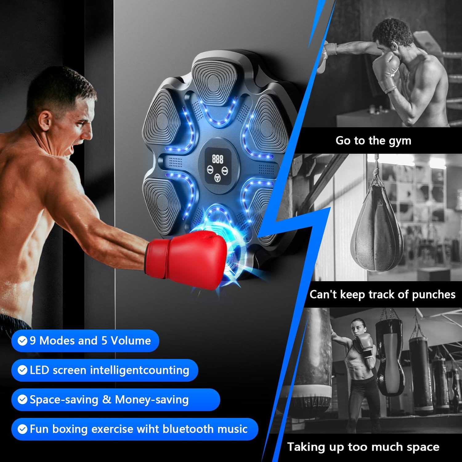 LED Music Boxing Machine, Smart Bluetooth Boxing Machine Wall Mounted with Boxing Gloves, 9 Modes & Speeds for Adults and Kids in Gym, Office, Home Indoor Music Boxing Target Trainer(Black) - Image 8