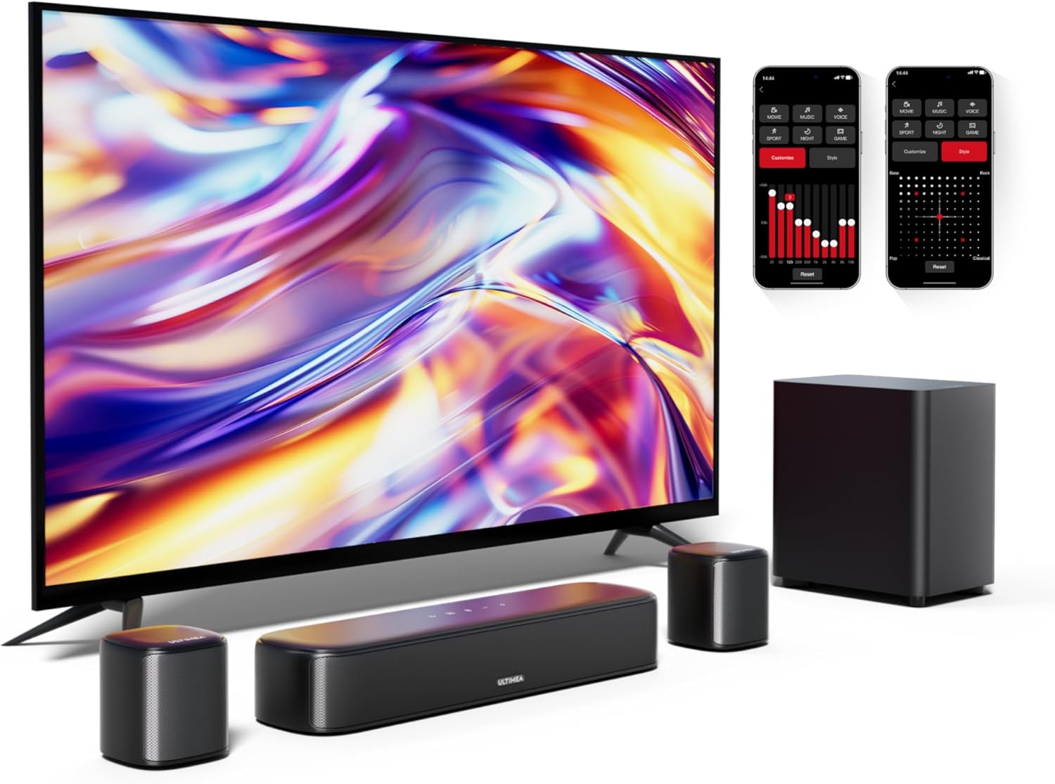 ULTIMEA 5.1 Sound Bar with Virtual Surround Sound System for TV, Sound Bar for Smart TV with 2 Surround Speakers for Home Theater, App Control, Wired Subwoofer, Peak Power 250W, Opt/AUX/BT, Aura A30 - Image 2