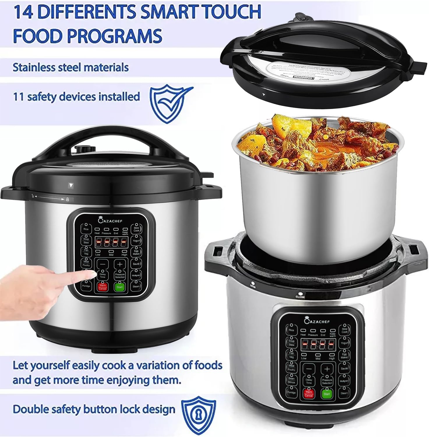 8qt stainless steel Pressure Cooker | 24-hour Presetting electric rice cooker, 14 in 1 slow cooker with temperature control | LED Multifunction Steamer, Food Warmer with nonstick pot - Image 5