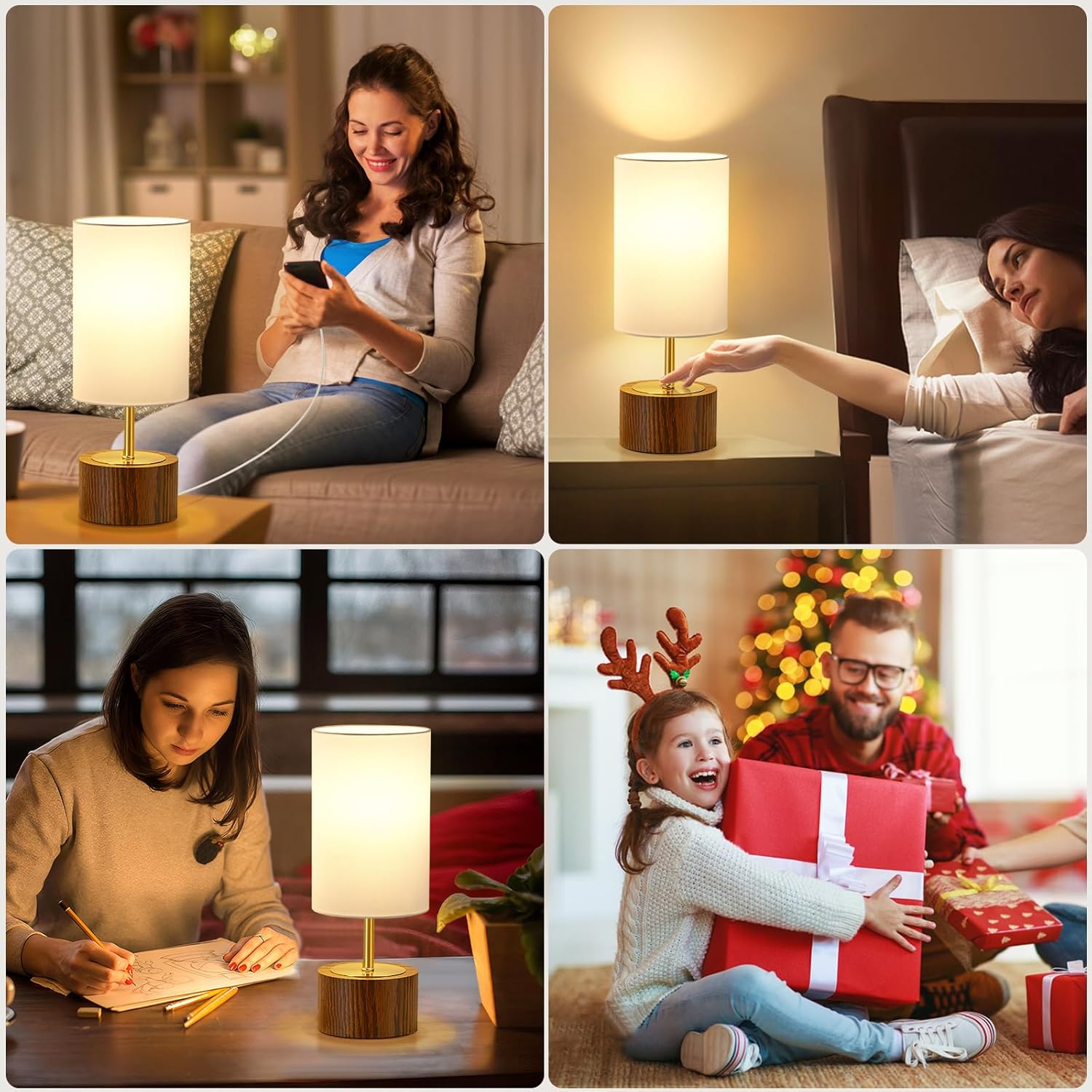 Touch Lamps for Nightstand - 14" Small Bedside Lamps Set of 2 with Ac Adapter Vintage Modern Table Lamp with Round Fabric Shade for End Tables Living Room Dorm Desk Home Office - Image 5