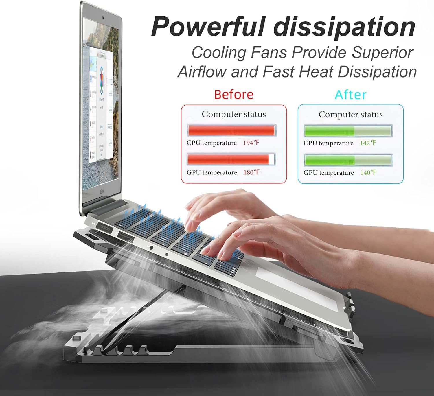 Upgrade Laptop Cooling Pad,Gaming Laptop Cooler with 5 Quiet Fans,2 USB Ports,5 Adjustable Stand Height,Blue LED Lights,for 15.6 Inch Laptops - Image 6