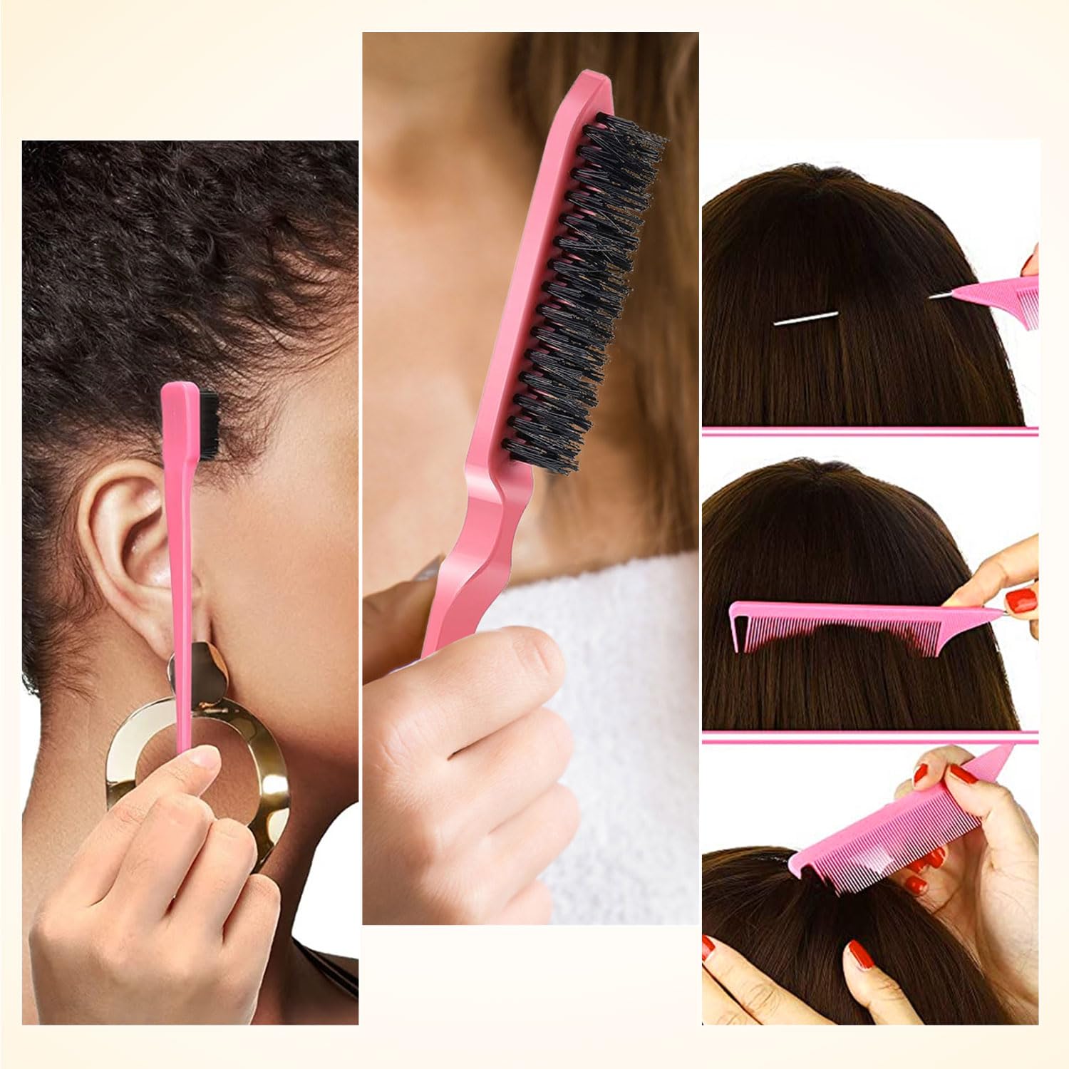 Pink Edge Brush 4 Pcs, Hair Wax Stick for Flyaway, Slick Back Hair Brush for Smooth, Teasing Brush for Add Volume, Rat Tail Combs for Parting - Image 8