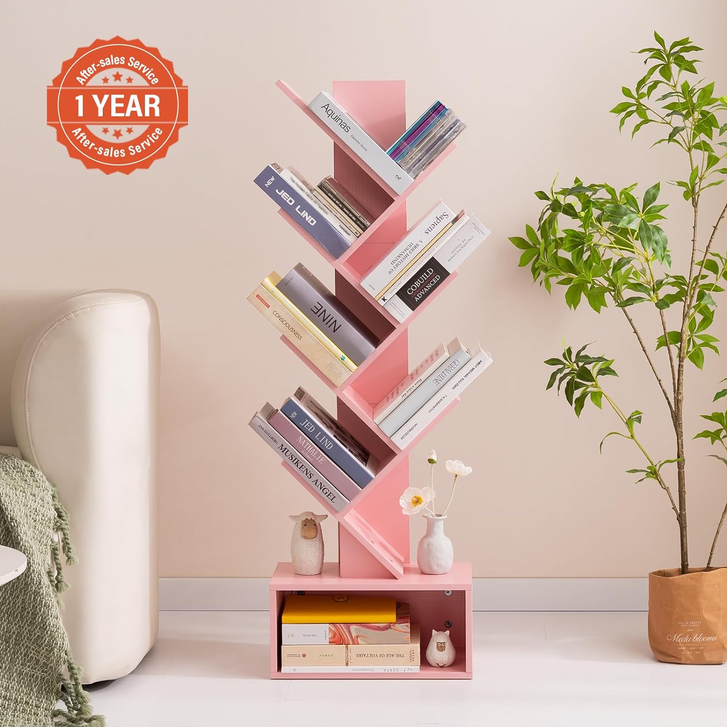Yoobure Tree Bookshelf - 6 Shelf Retro Floor Standing Bookcase, Nightstand with 4 Drawers - Image 3