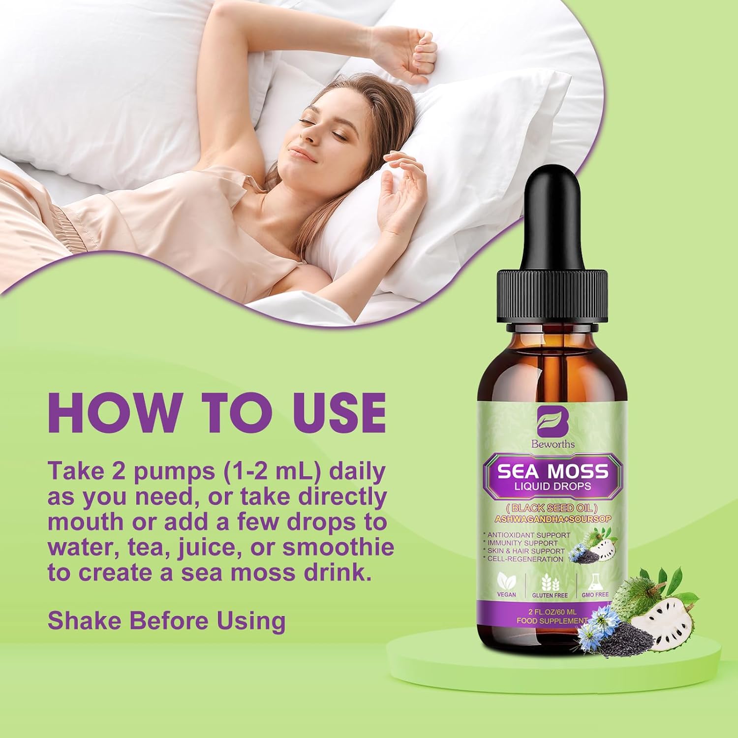 Sea Moss Liquid Drops - Irish Sea Moss Black Seed Oil with Ashwagandha, Soursop Bitters, Elderberry, Burdock Root, Bladderwrack, Multimineral Seamoss Supplement Support Antioxidant, Immune, Gut Health - Image 5