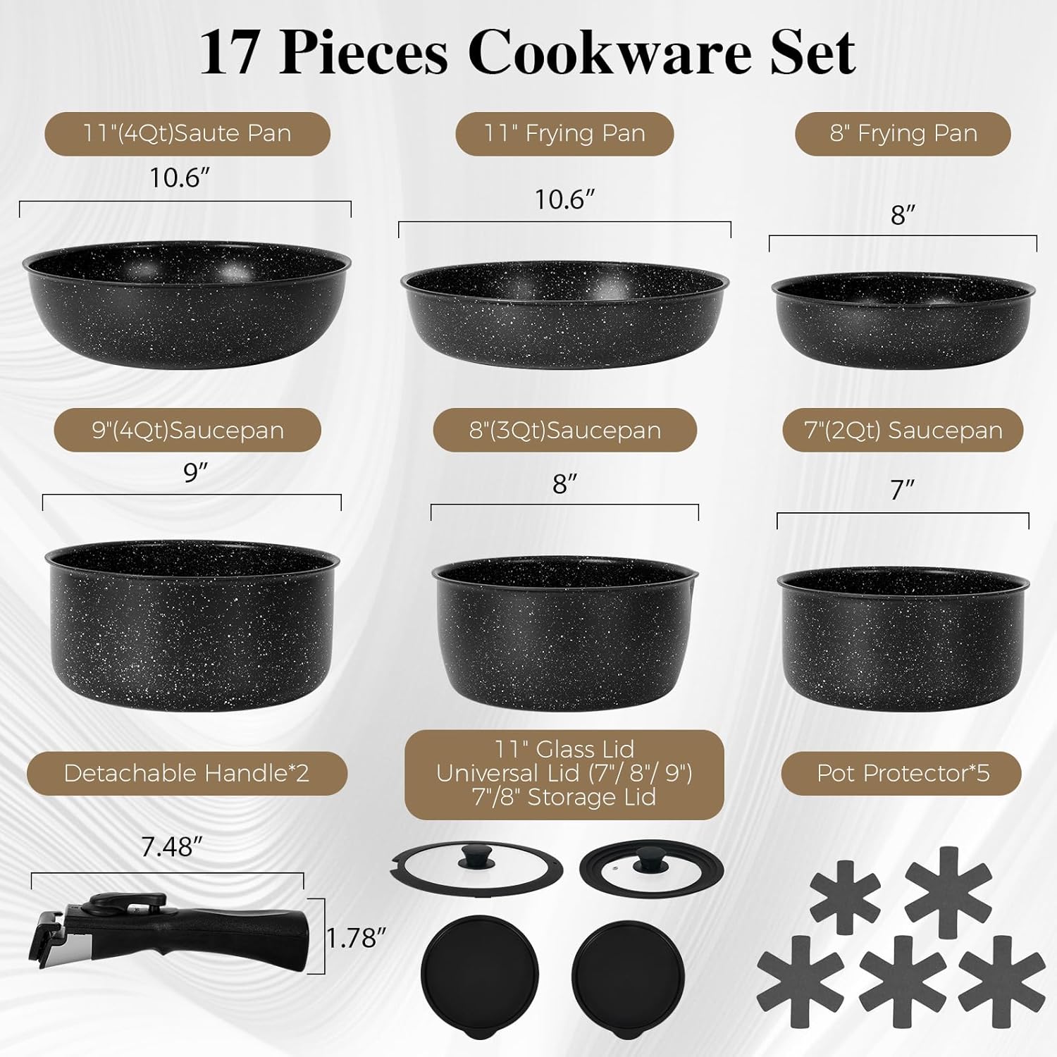 17 Pcs Pots and Pans Set Non Stick, Cookware Sets with Detachable Handle, Nonstick RV Kitchen Cooking Tools Removable Handles, Oven Safe, Induction Fast, Stackable Induction Cookware, Black - Image 3