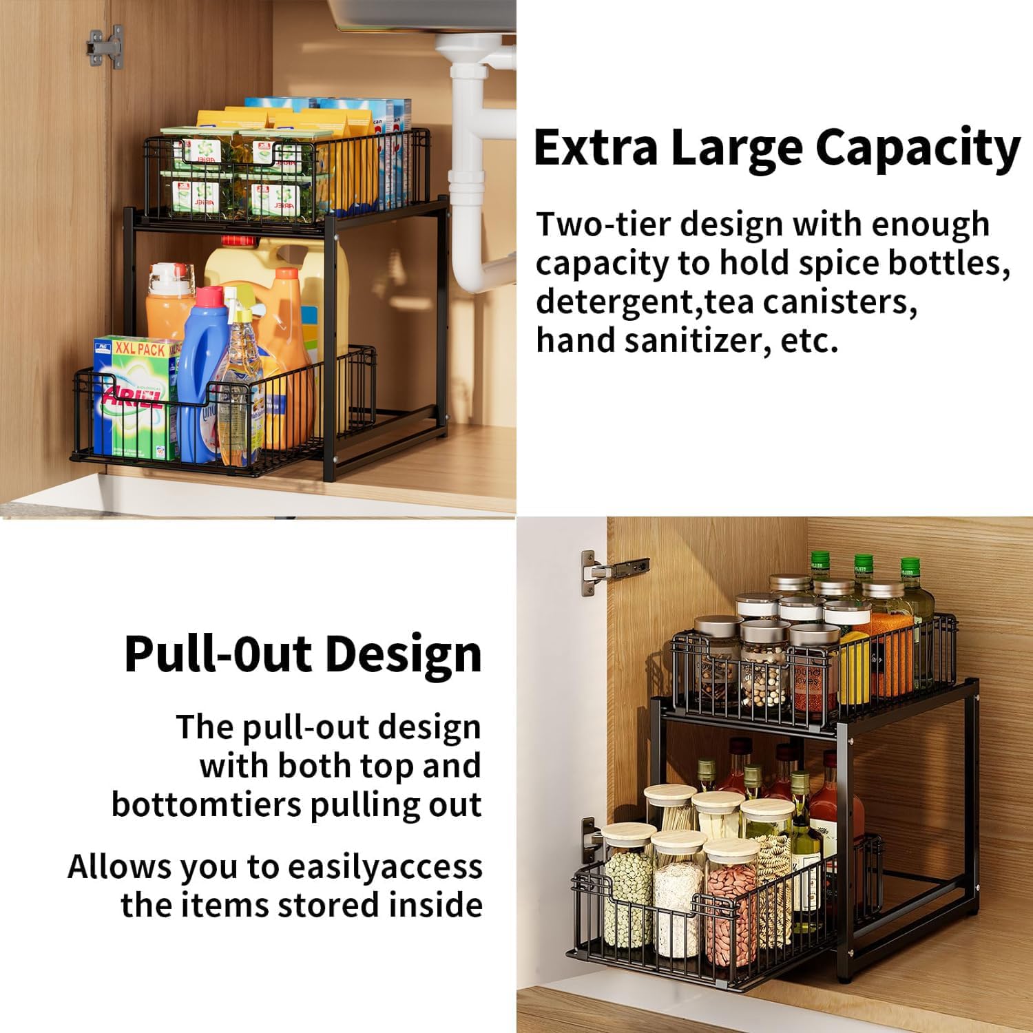 Under Sink Organizer, 2-Tier Pull Out Cabinet Organizer, Kitchen Bathroom Organizer and Storage, Spice Rack for Kitchen, Multi-use Sliding Drawers Shelves (1 Pack) - Image 3