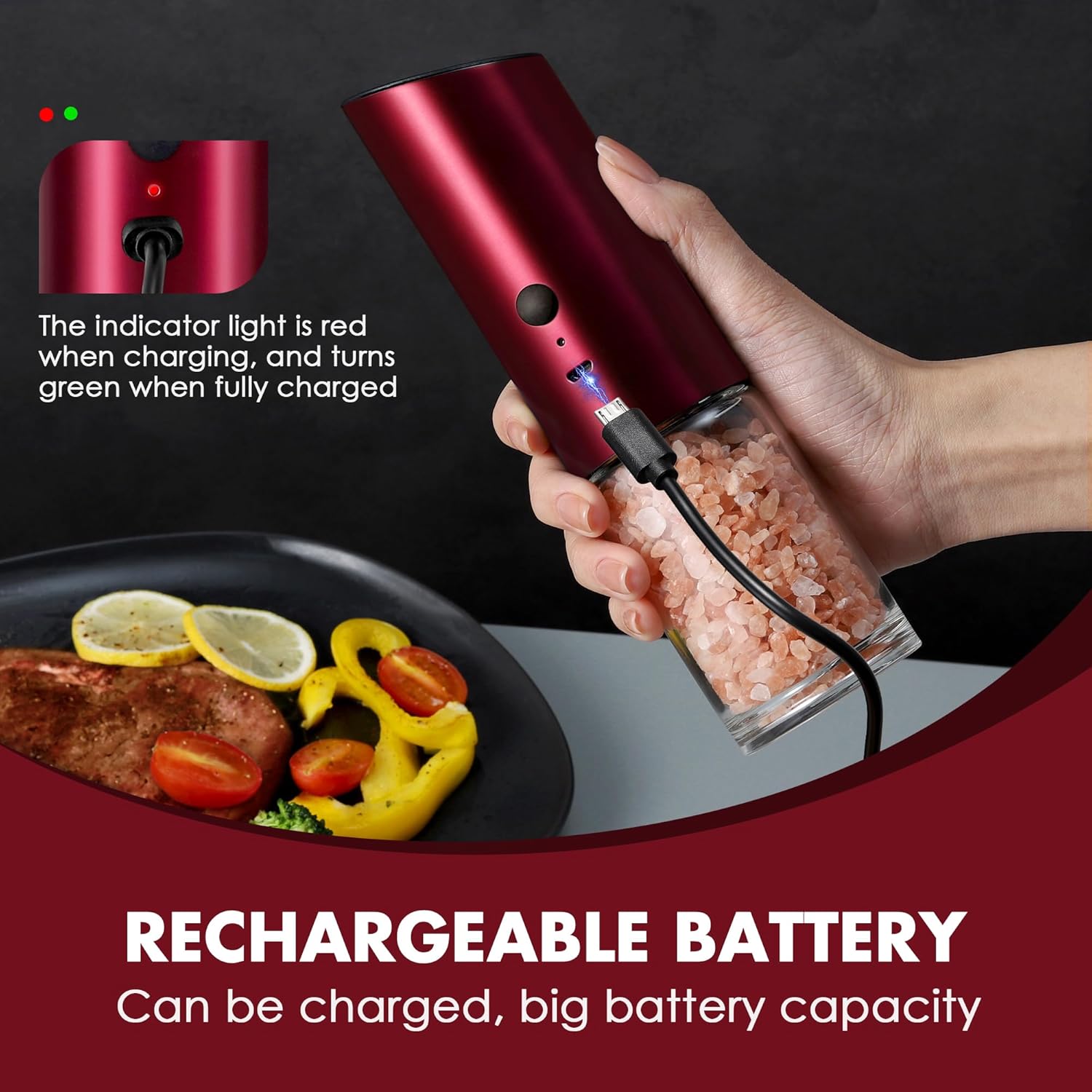 Vzaahu Gravity Electric Pepper and Salt Grinder Set of 2 - Rechargeable, Refillable, Adjustable Coarseness, Stainless Steel Seasalt Peppermill with LED light - One Hand Operation (Red) - Image 4