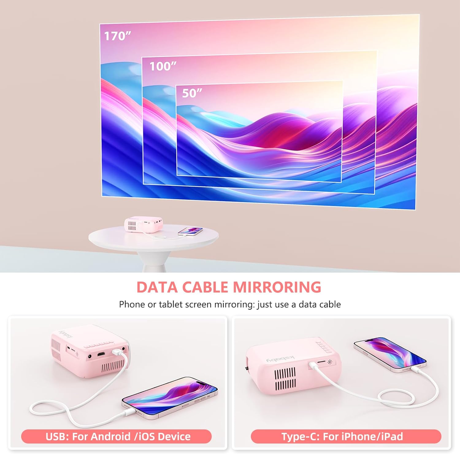 Mini Projector for Outdoor Portable Projectors, SmartPhone Screen Can be Mirrored to The Projector Through a Data Cable, Movies-Projector Compatible with HDMI, USB, Type-C, Laptop, TV Stick - Image 4